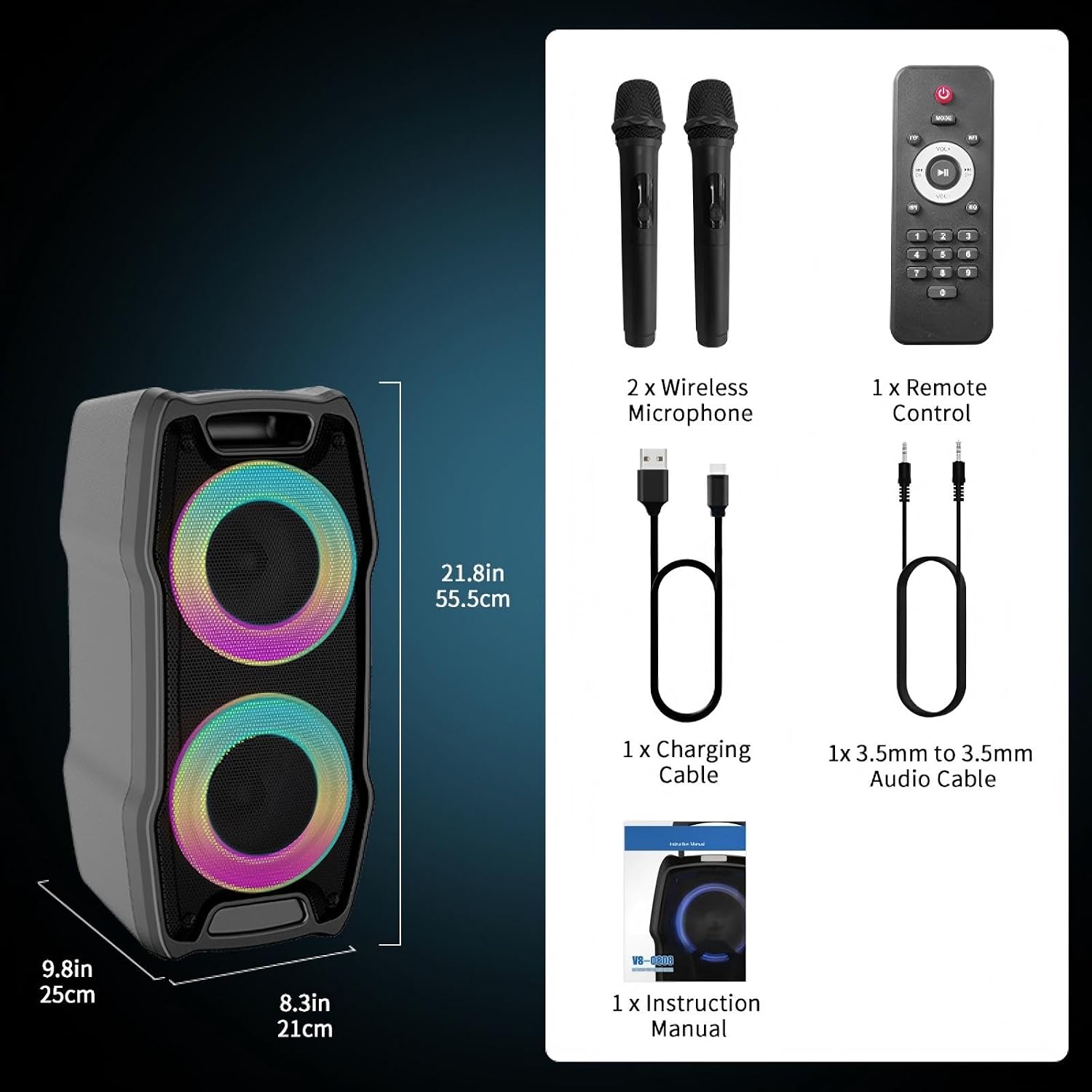 VeGue Karaoke Machine, Wireless Bluetooth PA System for Adults & Kids with Dual 8'' Subwoofers, 2 UHF Wireless Mics, Colorful LED Lights