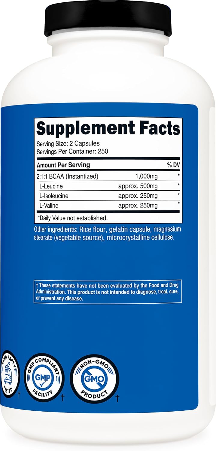 Nutricost BCAA 1000mg, 500 Capsules, 2:1:1 Branched Chain Amino Acids | 250 Servings, 500mg L-Leucine, 250mg L-Isoleucine, 250mg L-Valine