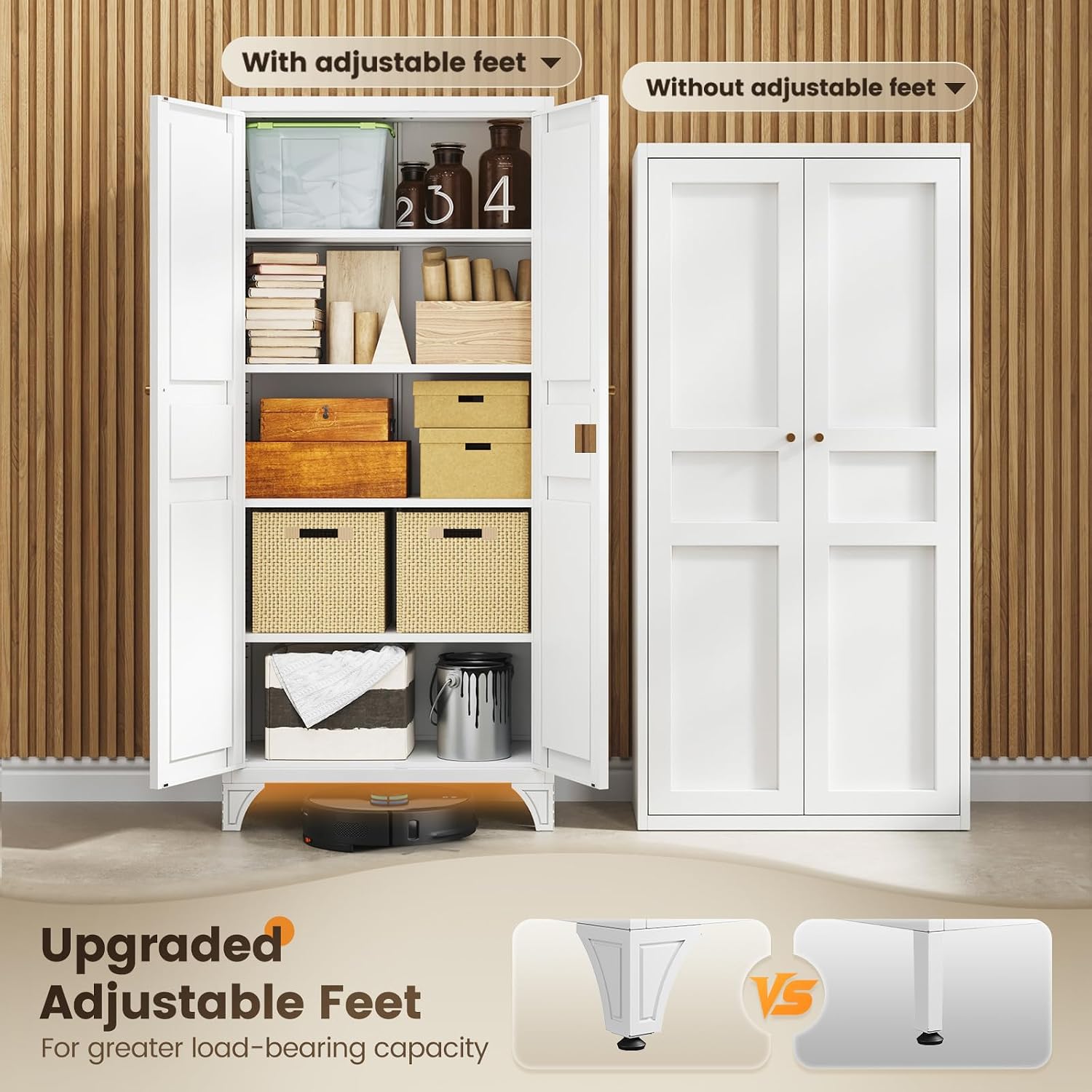 Metal Storage Cabinet with 2 Doors and 4 Adjustable Shelves - 61" White Kitchen Pantry Storage 5-Tier Tall Steel Cabinets Locker for Kitchen, Living Room, Dining Room