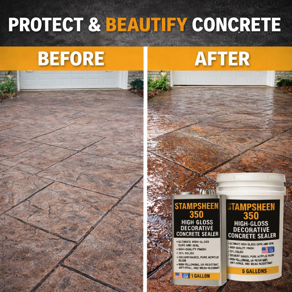 High Gloss Wet Look Decorative Concrete Sealer – Solvent-Based Acrylic Cure & Seal, UV-Resistant, Non-Yellowing Protective Film – Concrete & Paver Sealer for Outdoor Surfaces - Stampsheen 350 5gl