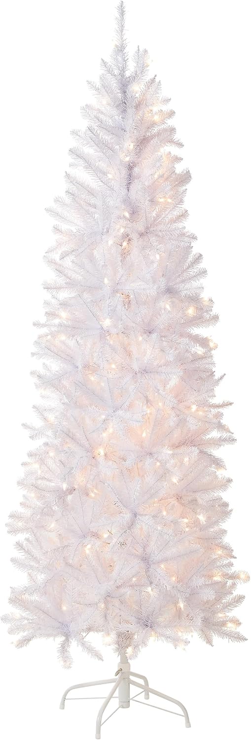 National Tree Company 7.5ft Pre-Lit Kingswood Fir Slim Christmas Tree | 350 Clear Lights, 1,075 Tips, Includes Stand, Artificial, White