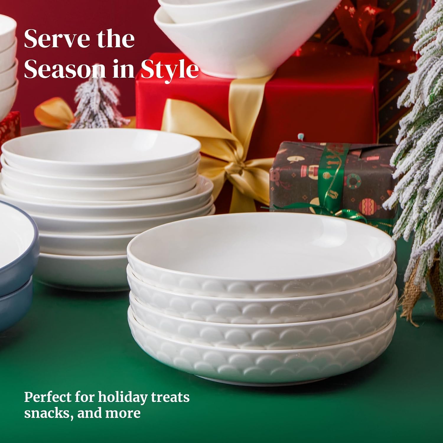 DOWAN Pasta Bowls Set of 4 for Large Portions, 54 oz Textured Motif Large Salad Serving Bowls, Ceramic Plates, White Soup Bowl for Kitchen Meal Prep