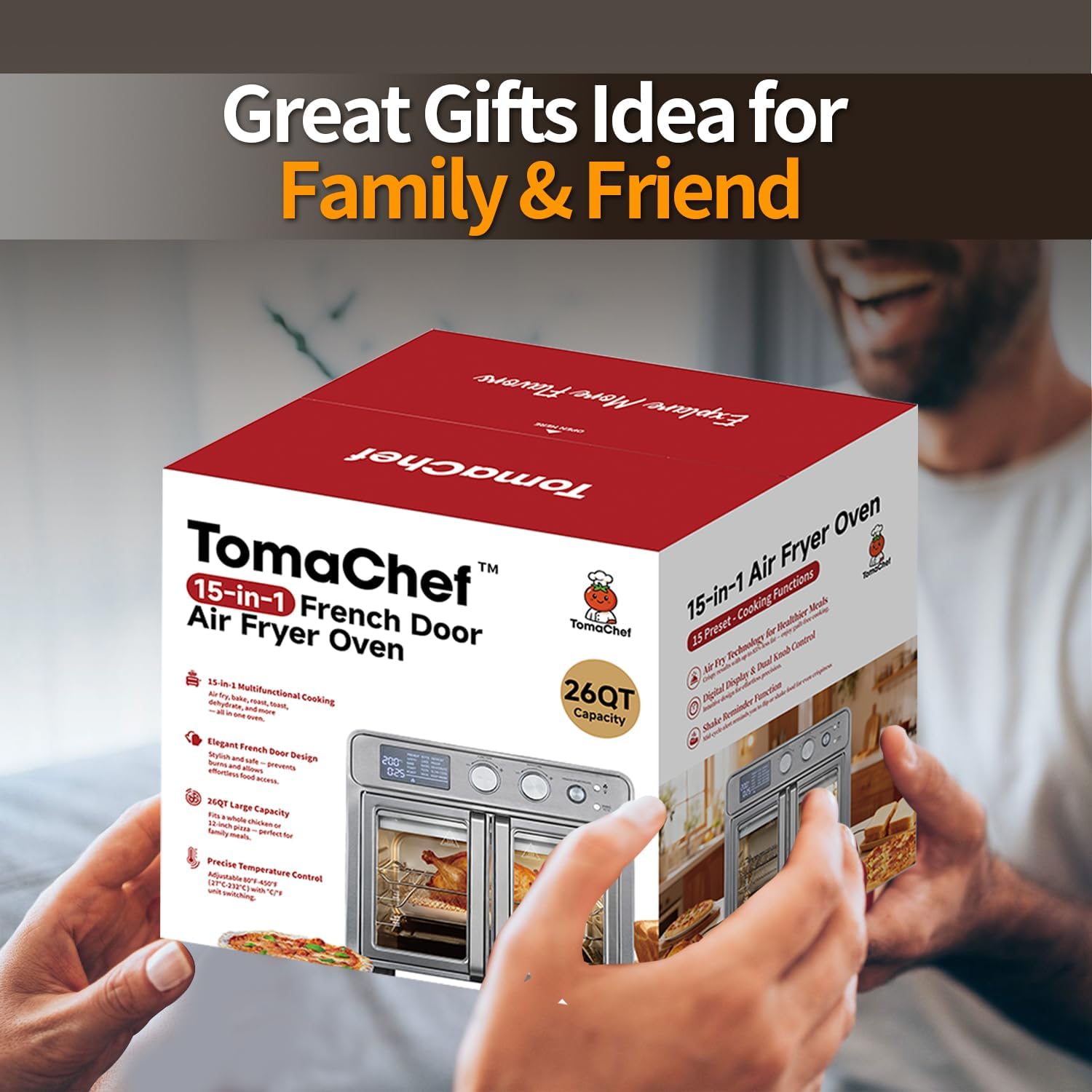 TomaChef 26QT French Door Air Fryer Oven Combo, 15-in-1 | 15 Cooking Functions and Digital Controls, 30 Recipes & 5 Accessories