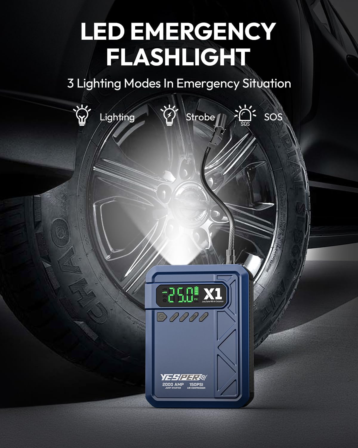 YESPER Jump Starter with Air Compressor 2000A 150PSI Battery Jumper Starter Portable(8L Gas/6L Diesel), 12V Car Jump Pack Battery Charger Jump Box with Jumper Cables, LCD Display, Lights | 2000A Battery Jumper Starter Portable(8L Gas/6L Diesel), Car Batt…