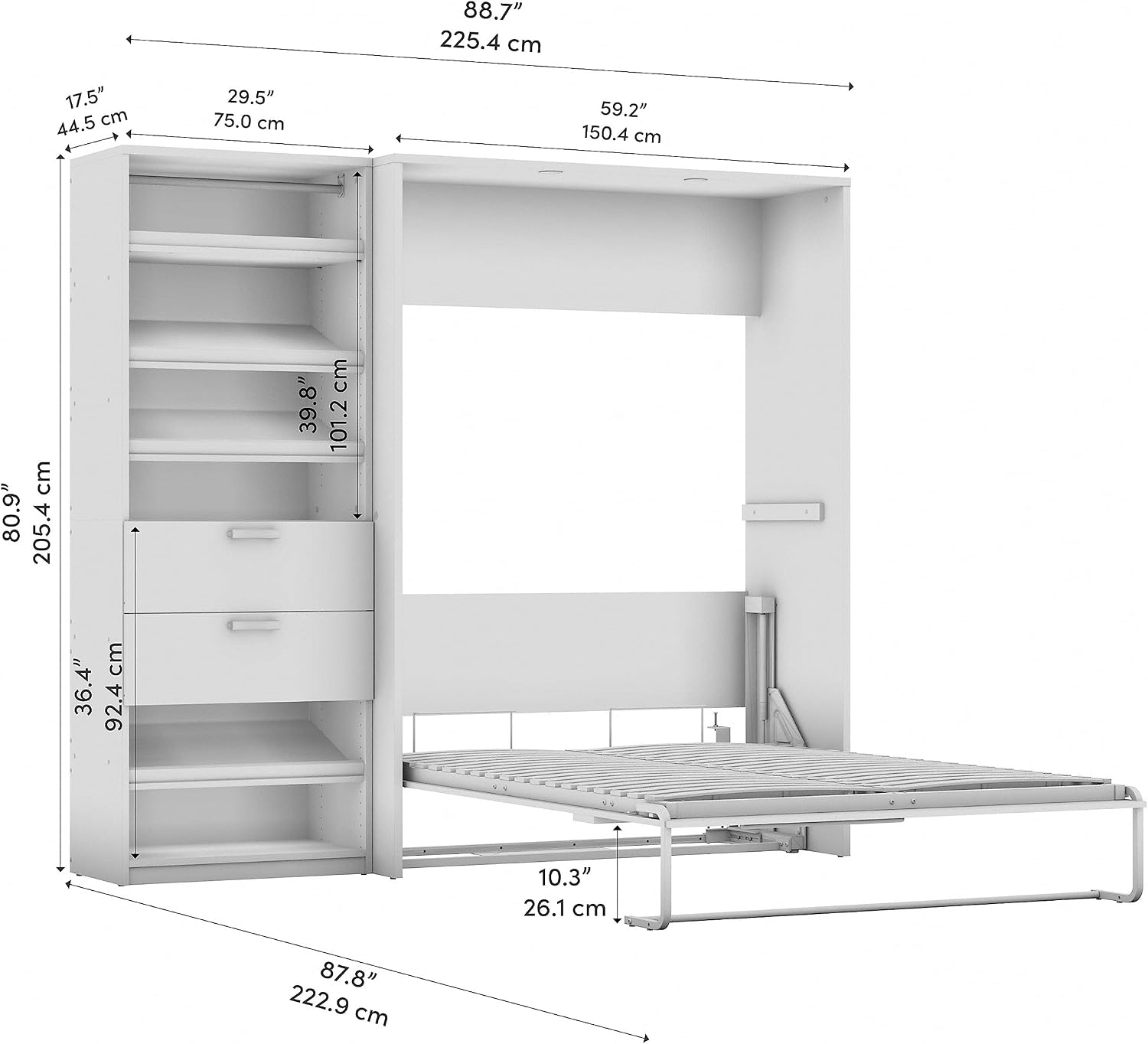 Bestar Cielo Full Murphy Bed with Closet Organizer (89W) in Bark Gray and White, Sleeping Arrangement for Multipurpose Room | Closet Organizer