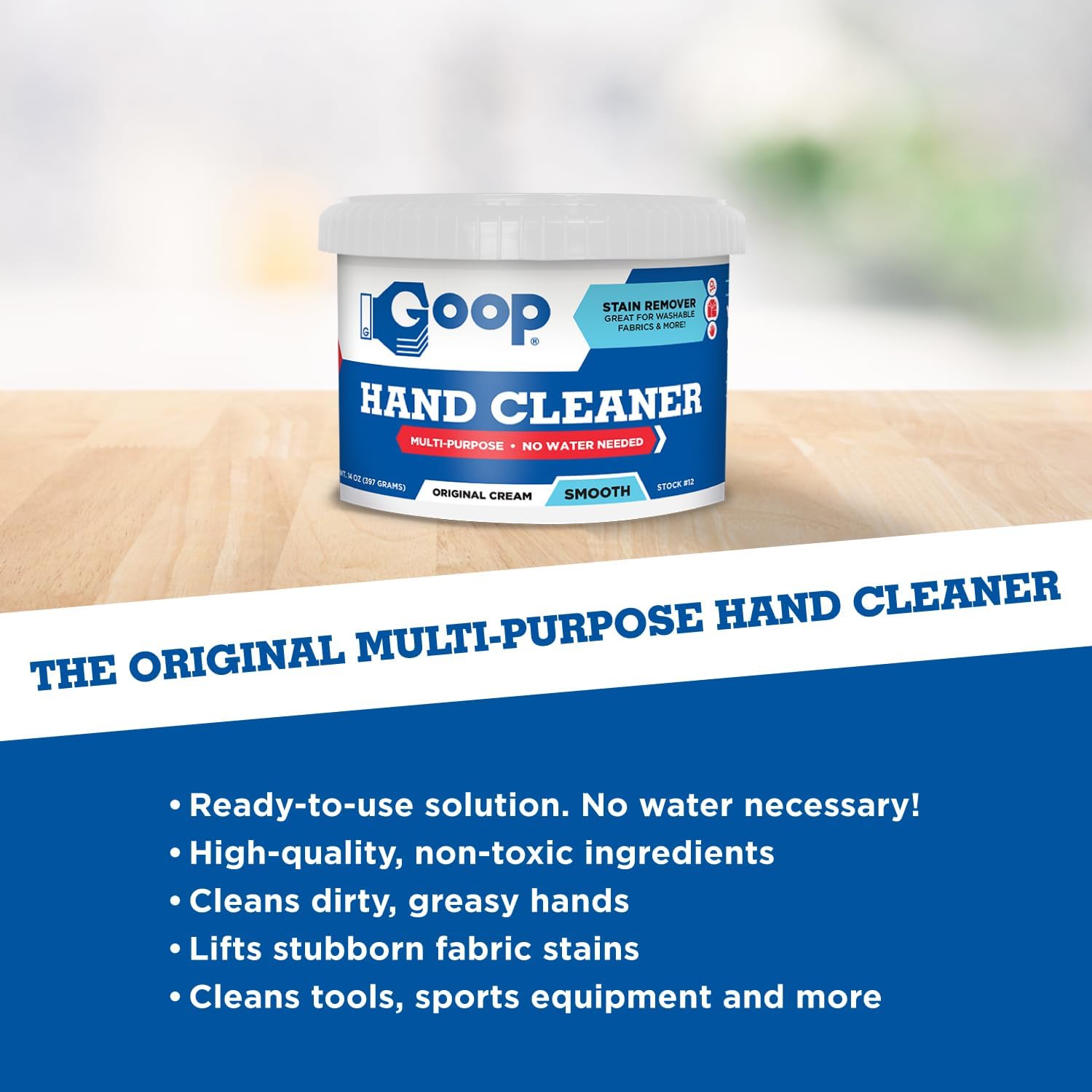 GOOP Multi-Purpose Hand Cleaner- Waterless Hand Degreaser, Laundry Stain Remover - NonToxic and Biodegradable Cleaner Remove Dirt, Oil, Paint, Ink, and Clothes Stains Original, 14oz Pack of 1