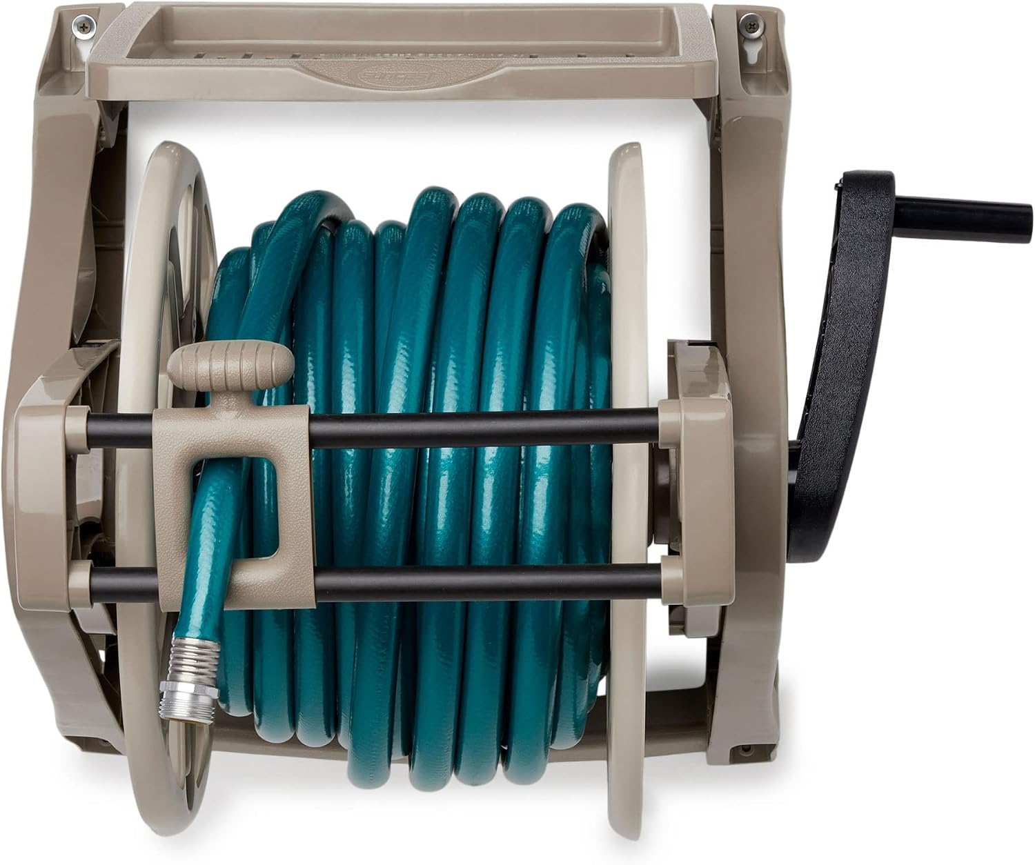Suncast Slide Trak Garden Hose Reel, Wall-Mount Holder with Storage Tray, Dark Taupe - Outdoor Mounted Organizer for 175 Ft of 5/8" Standard Vinyl Water Hoses in Lawn and Yard