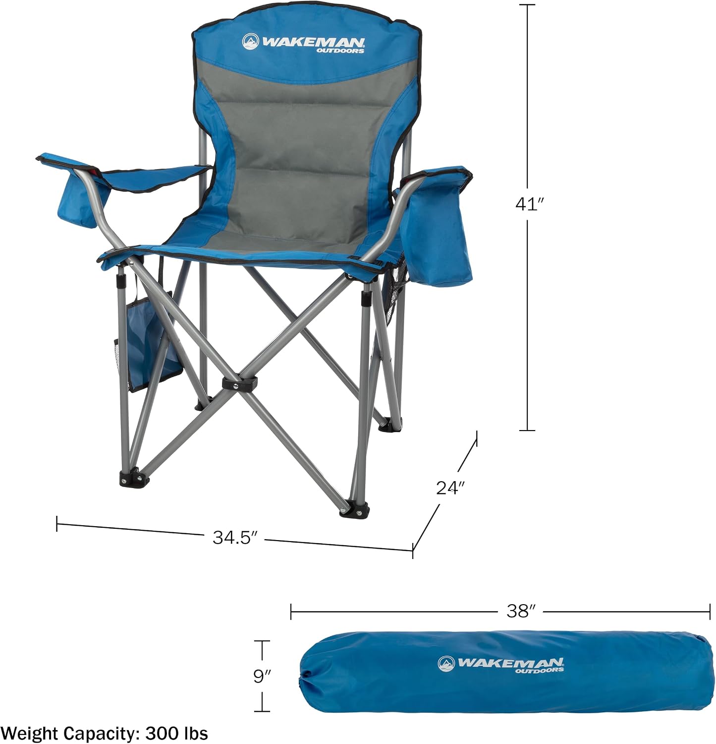 Oversized Camping Chair 300lbs - Heavy Duty Folding Chair with Cooler Pouch and Carry Bag for Camp Sites, Tailgates, or Beach by Wakeman (Blue)