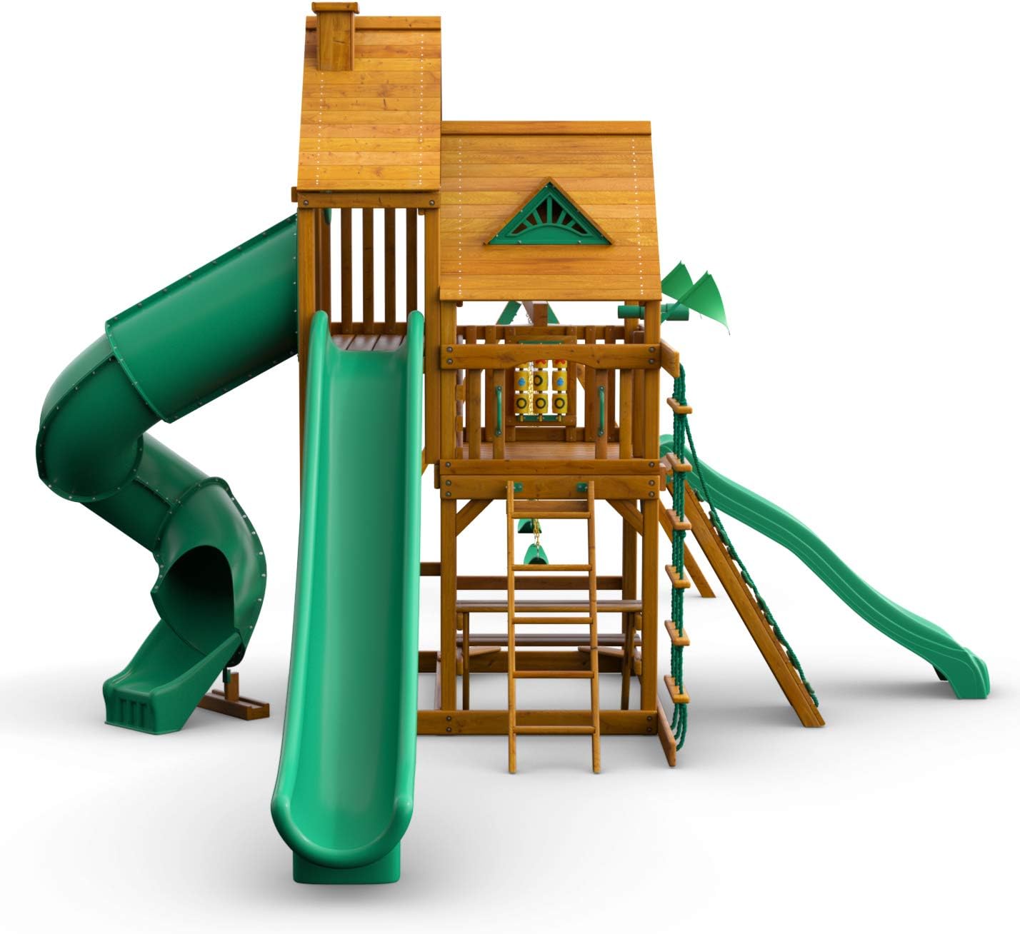 Gorilla Playsets 01-0031-AP Great Skye II Wood Swing Set with Wood Roof, 3 Slides, and Rock Wall, Brown