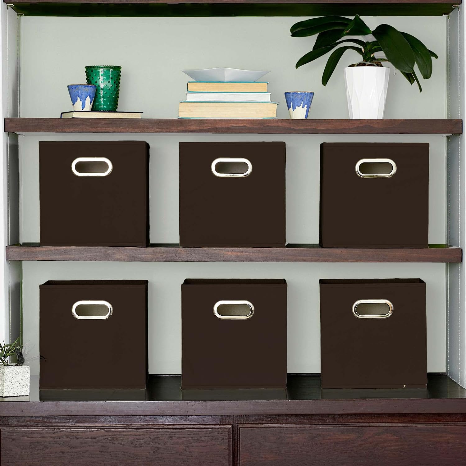 Household Essentials Fabric Storage Bins 6 Piece Set, Strong Poly-Woven Fabric, Sturdy Chipboard Sides, Grommet Front Handle, Stackable and Foldable, Classic Design, Navy