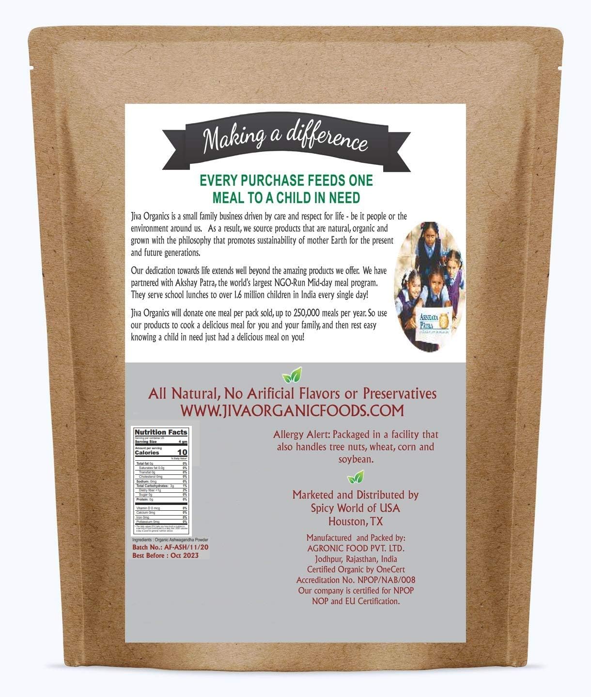 Jiva Organics Ashwagandha Root Powder 1.25 Pound (20oz) - Gluten Free, Indian Ginseng, Raw, Pure, Non-GMO, Lab Tested Ayurvedic Indian Powder