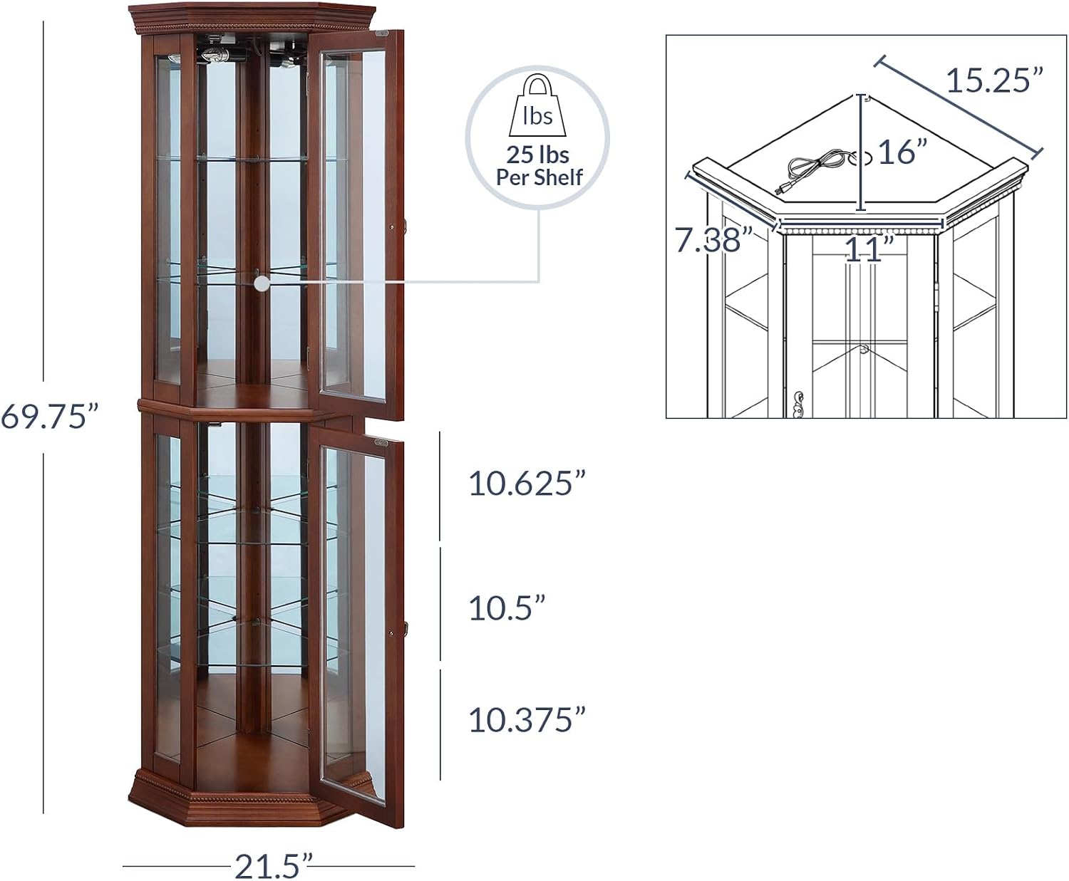 BELLEZE Lighted Wooden Corner Display Curio Cabinet, Two Section Shelving Unit with Tempered Glass Door