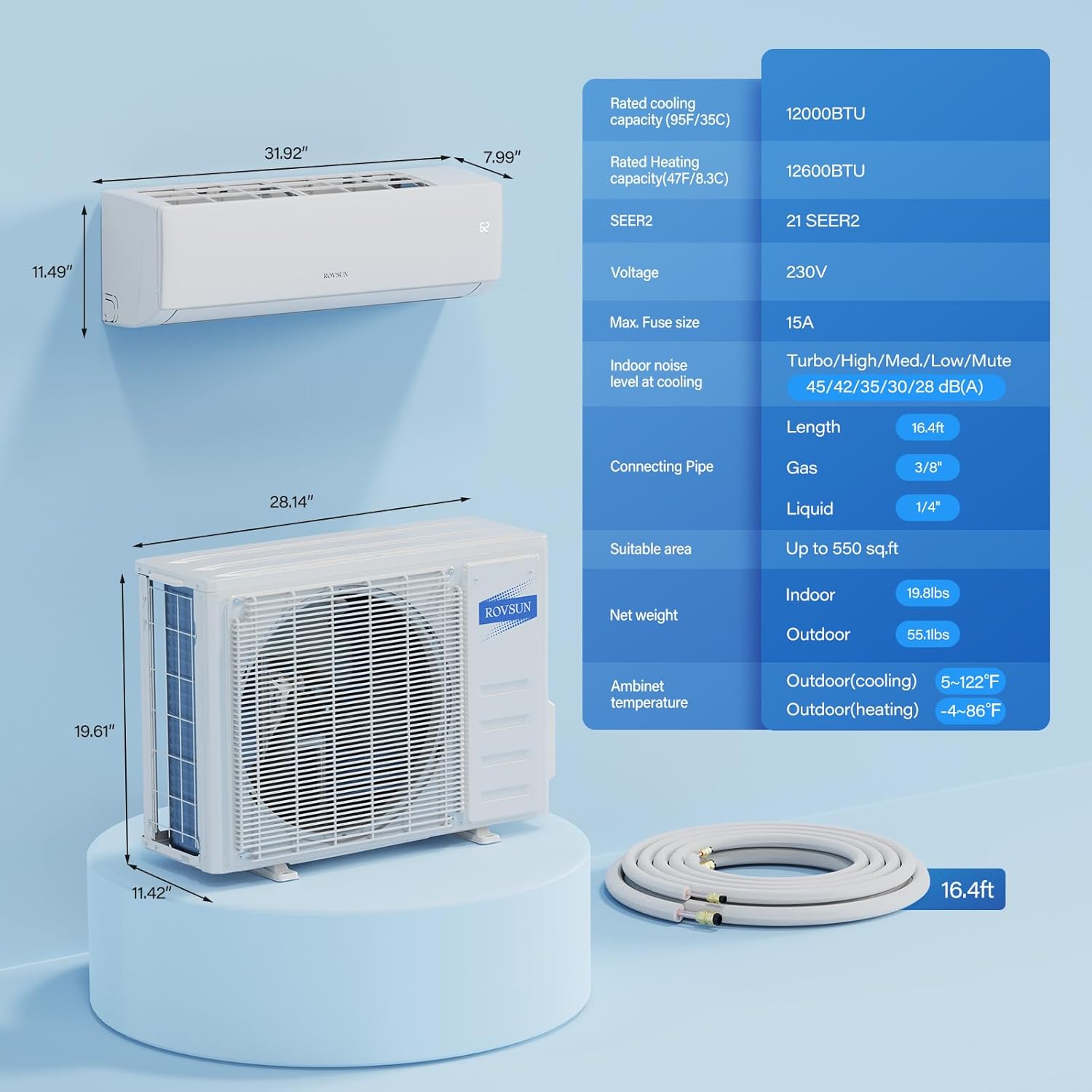 ROVSUN 12000 BTU Wifi Enabled Mini Split Air Conditioner & Heater with Inverter