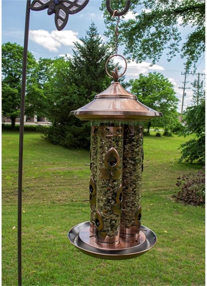 Triple Tube Deluxe Bird Feeder, Metal and Plastic Construction, Warm Copper Finish, 9 Feeding Ports with Perches, Hanging Cable System