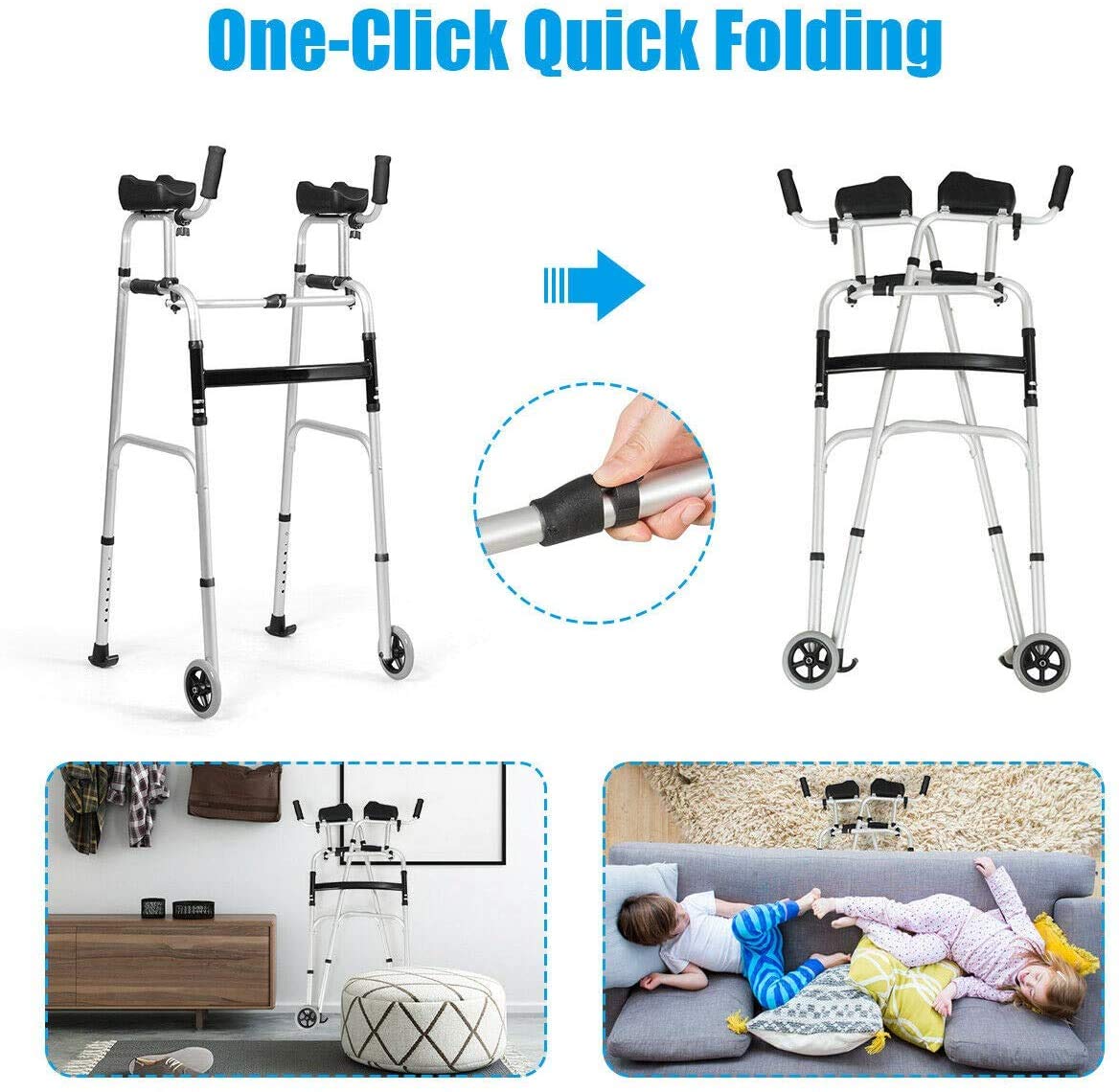 Nightcore Folding Standard Walker，Rehabilitation Auxiliary Walking Aid, Front Wheeled Walker w/Adjustable Height & Removable Armrests