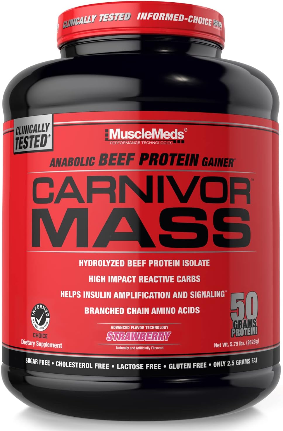 MuscleMeds CARNIVOR Mass Gainer Beef Protein Isolate Shake, 50 Grams Protein, 125 Grams Carbs, 0 Fat, 0 Sugar, Lactose Free, Halal Certified, Chocolate Peanut Butter, 6 Pound
