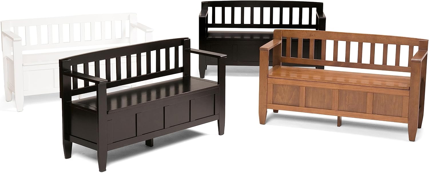 SIMPLIHOME Connaught 30" Wide Solid Wood Storage Bench in Chestnut Brown | Contemporary entryway bench with lift-up lid and hidden storage; mudroom, hallway, foyer, or shoe bench.
