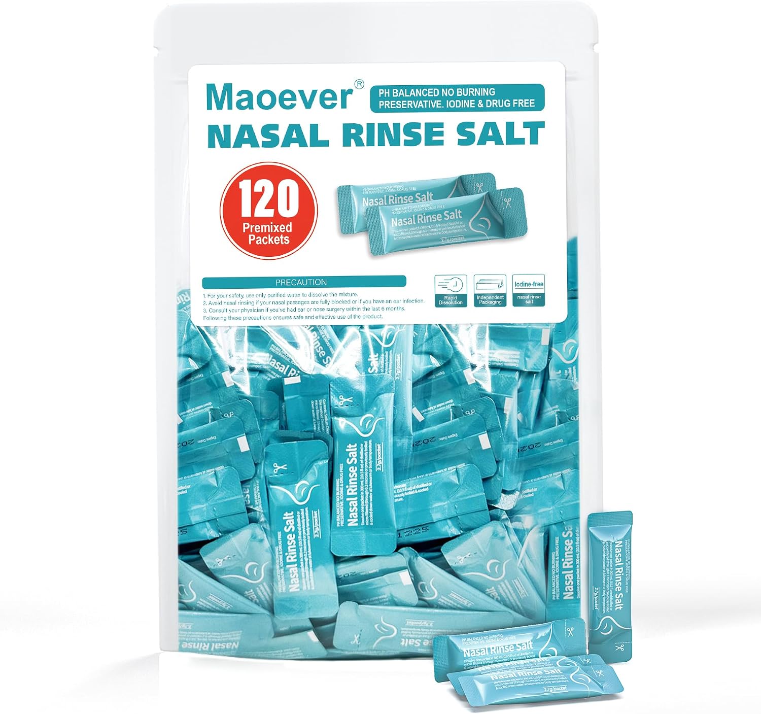 MAOEVER 120 Saline Nasal Packets, Nasal Salt Rinse for Neti Pots & Squeeze Bottles, Individually Wrapped & pH Balanced, Cooling Sinus Relief & Nasal Care(120, Mint Green)