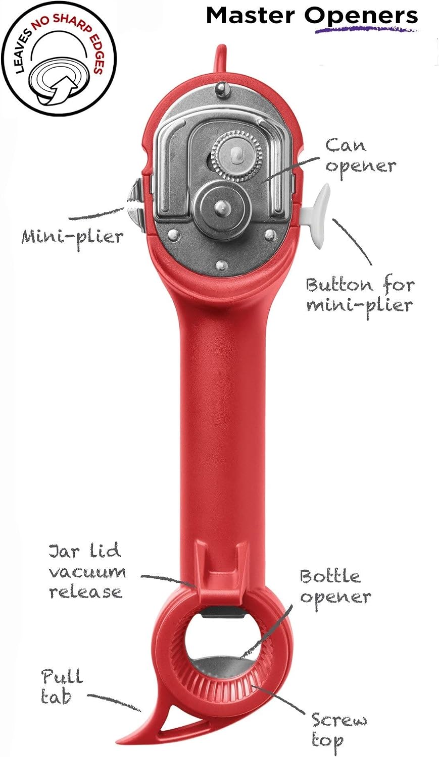 Kuhn Rikon Auto Safety LidLifter Can Opener with Ring-Pull Tool – Smooth-Edge Side-Cut Design for Safe, Touch-Free Lid Removal – Easy-Turn Handle, Swiss Engineered, Red