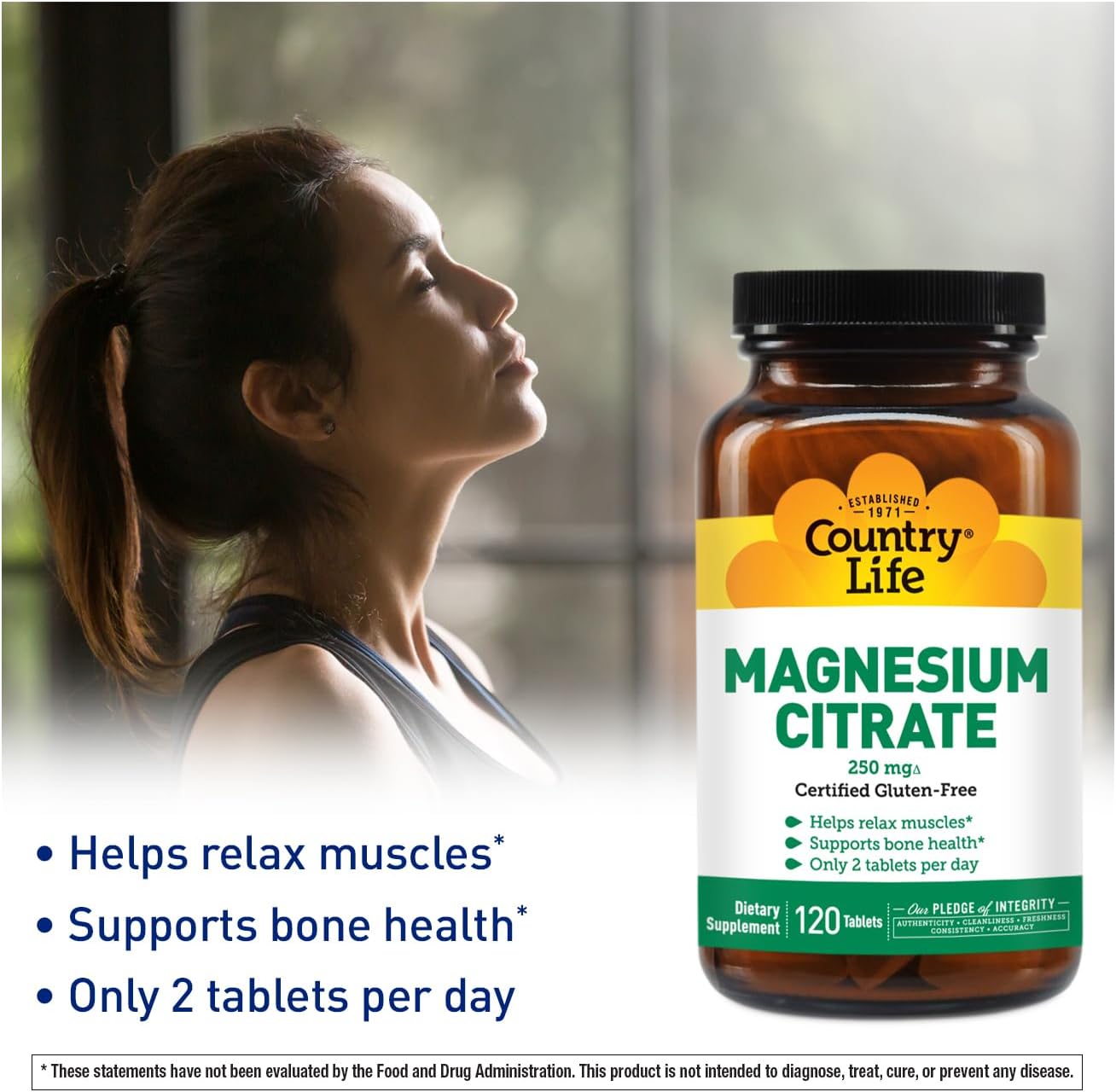 Country Life Magnesium Citrate 250mg - 120 Tablets - Supports Muscle & Nerve Function, Heart Rhythm, Healthy Immune System