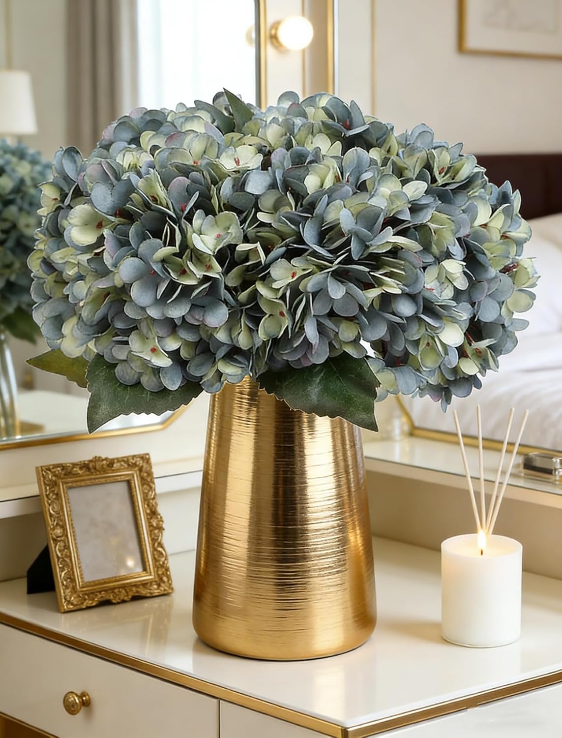 Kimura's Cabin 6pcs Silk Hydrangeas Artificial Flowers,Deep Lake Blue