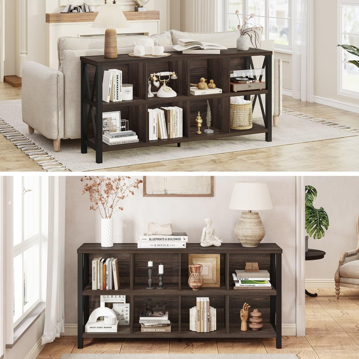 FATORRI 8 Cube Storage Organizer Bookshelf, 62 Inch Wood Horizontal Bookcase, Farmhouse Cube Long Book Shelf