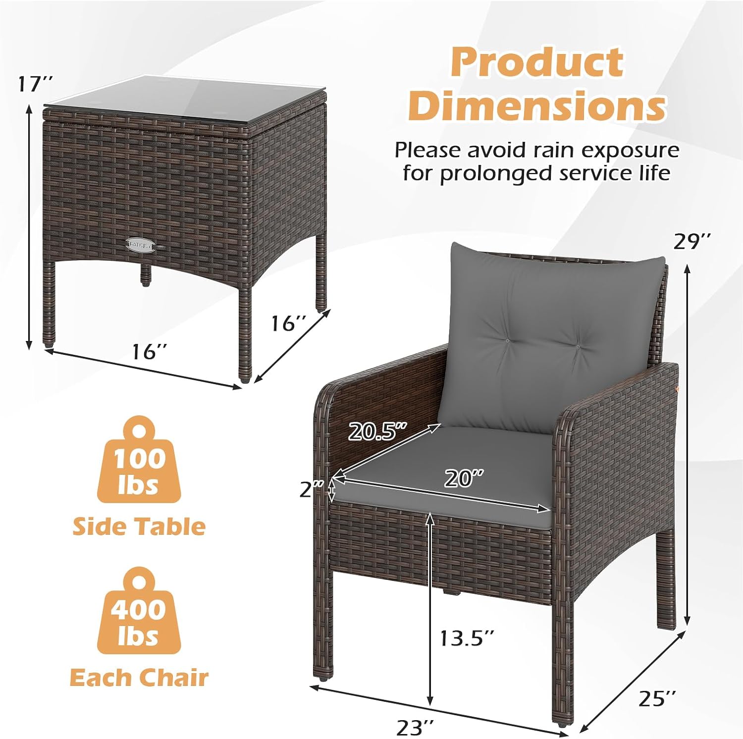 Tangkula 3 Piece Outdoor Patio Furniture Set, Wicker Chairs Set with Glass Top Coffee Table, Thick Cushions