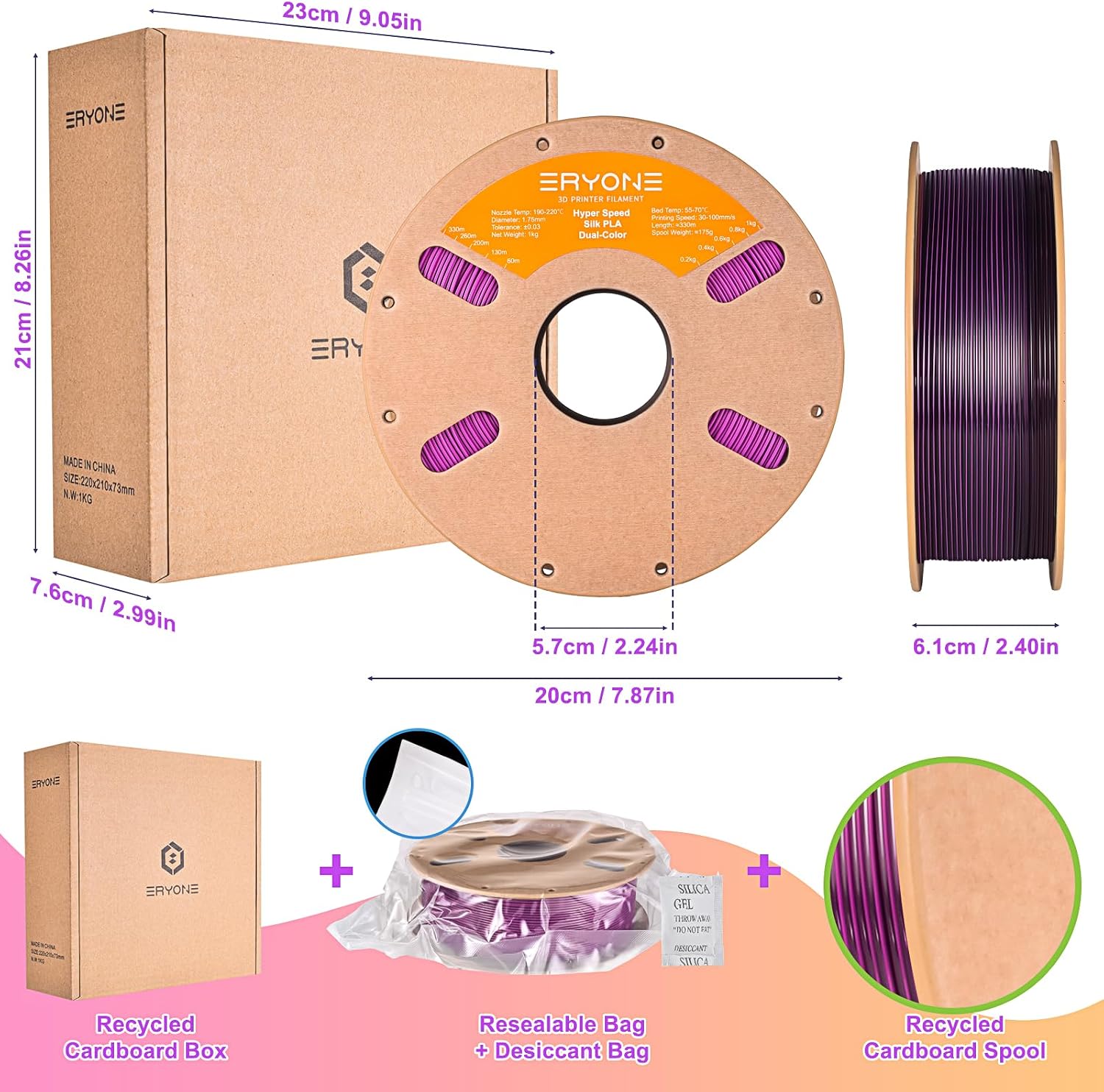 ERYONE Silk Filament PLA+ 1.75mm Upgraded Shiny 3D Printer Filament, Gloss Finish, Fit Most FDM Printer Stable Printing,1kg (2.2LBS)/Spool, Silver