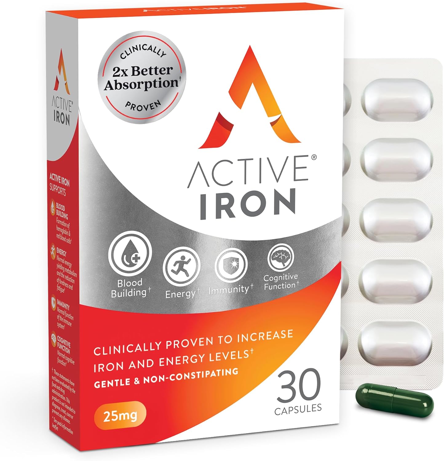 Active Iron Supplement 25mg, Clinically Proven to Increase Iron, Gentle | Optimum Absorption Iron Pills, Increases Energy Levels, Non-Constipating, Avoids Nausea, 60 On-the-Go Foil Protected Capsules