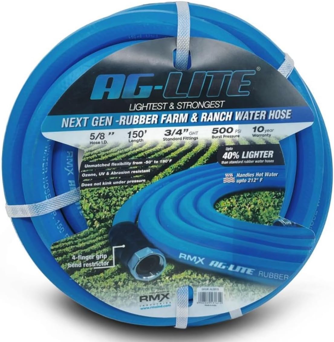 AG-LITE BSAL5825 5/8" x 25' Hot/Cold Water Rubber Garden Hose, 100% Rubber, Ultra-Light, Super Strong, 500 PSI, 50F to 190F Degrees, High Strength Polyester Braided