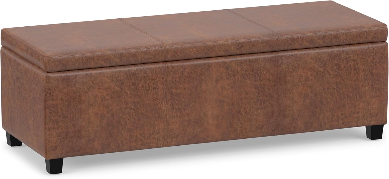 SIMPLIHOME Avalon 48" Wide Vegan Leather Storage Ottoman in Brown
