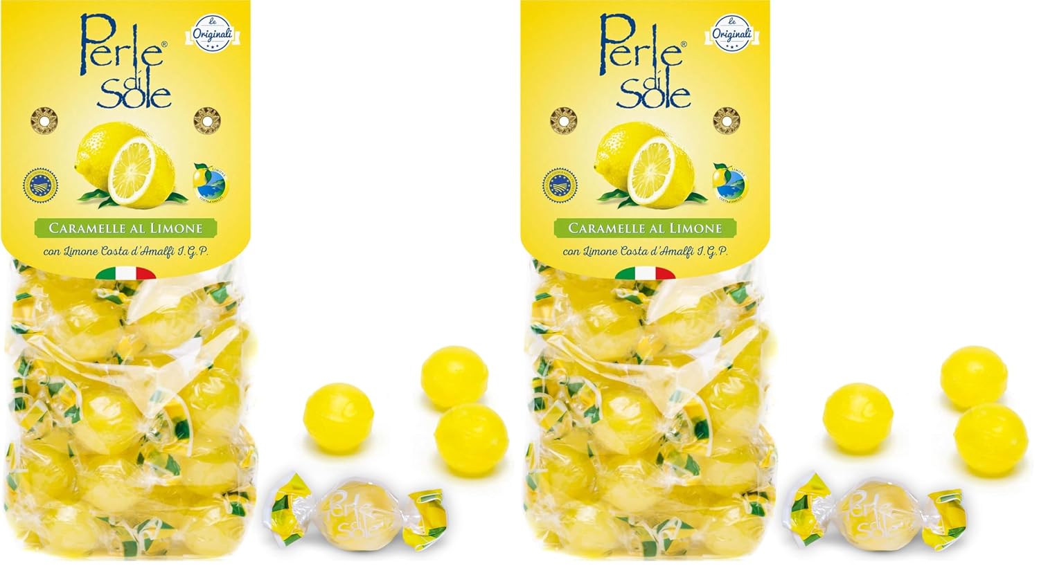 Perle di Sole Italian Lemon Drops Hard Candy Individually Wrapped (7.05 oz) Made with Essential Oils of Amalfi Coast P.G.I. Lemon - Italian Imported Gifts From Italy