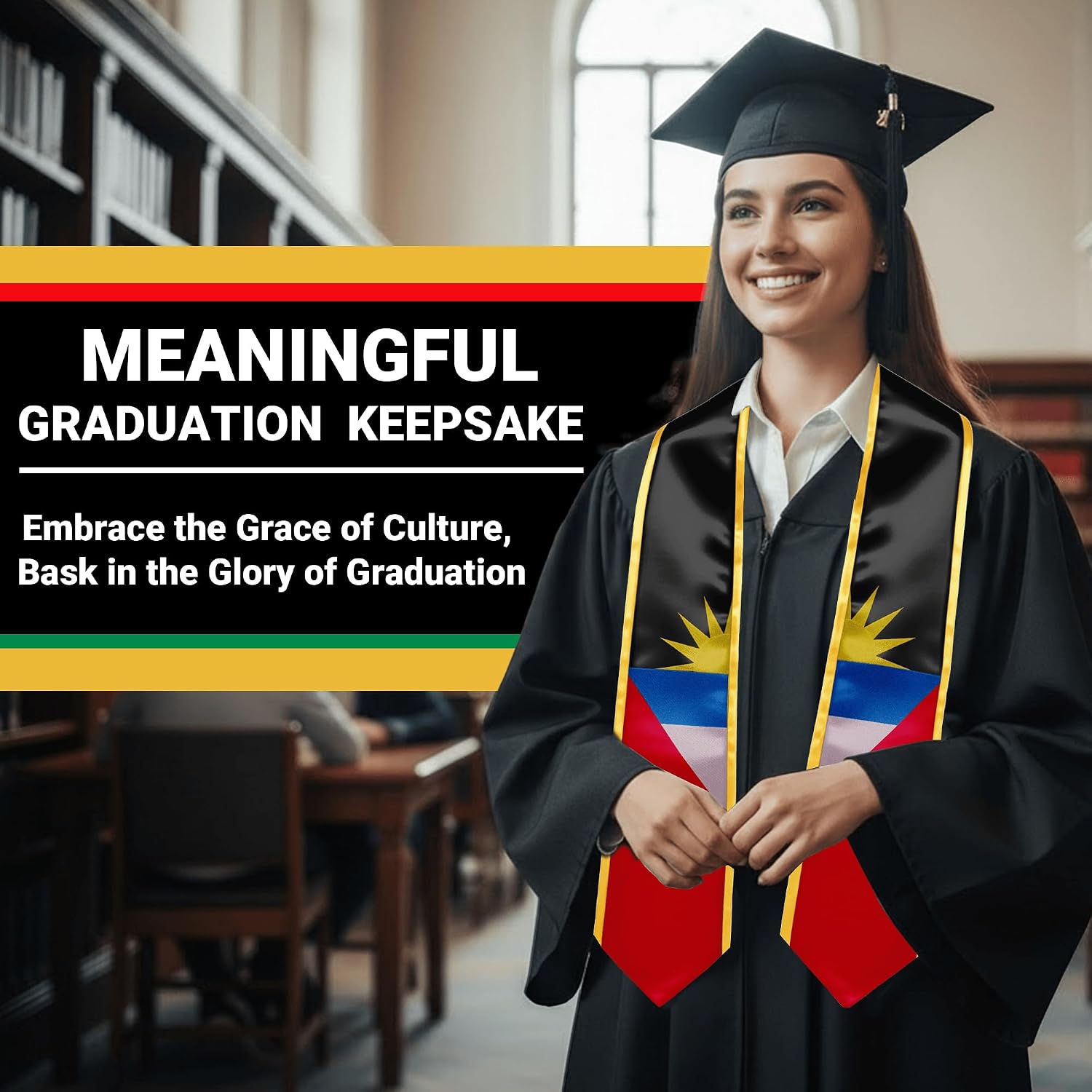 YOXEULL National Flag Embroidered Graduation Stole with Trim, Graduation Sash Graduates Gift, 72"