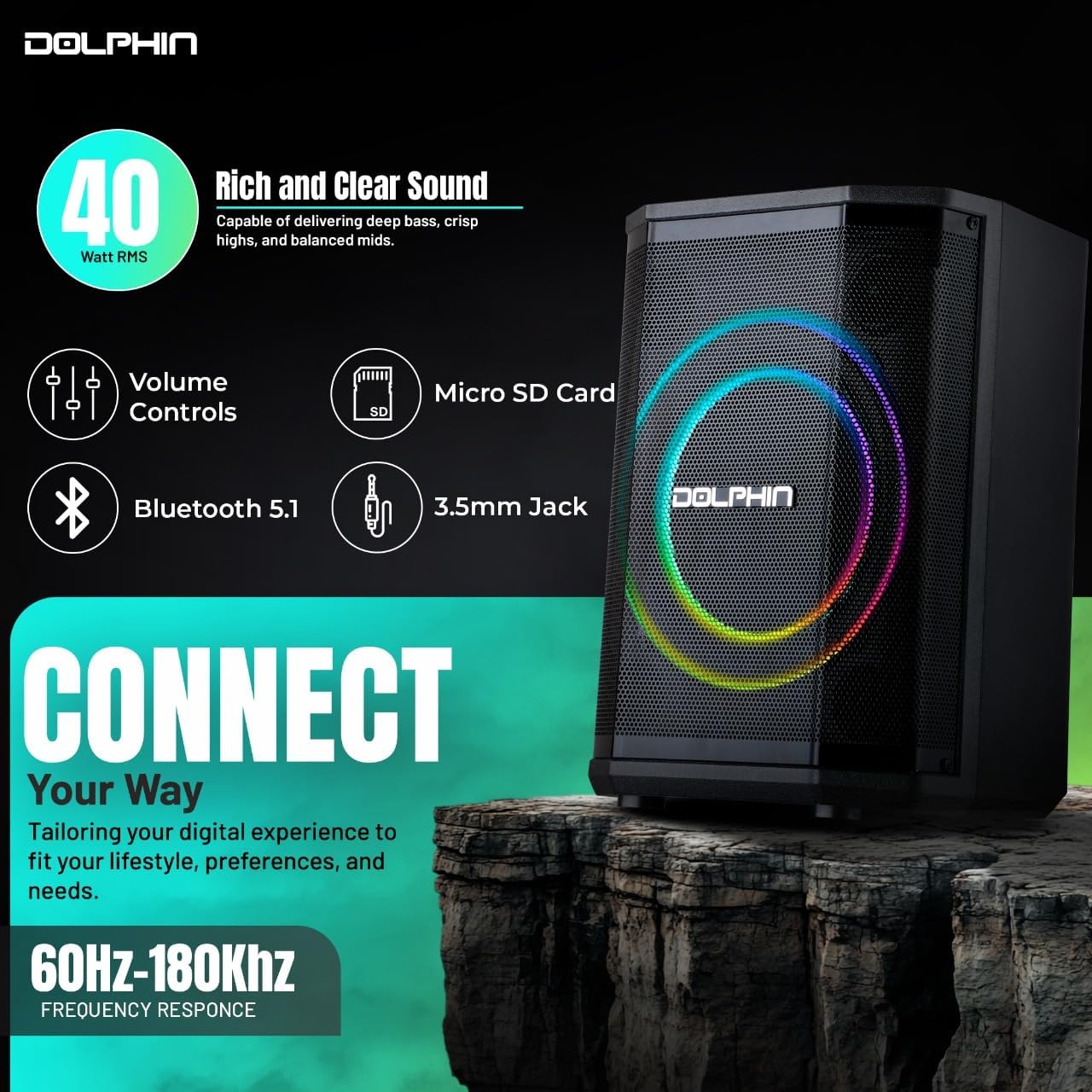 Dolphin Bluetooth Party Speaker with Wireless Microphone, 8" Woofer | 40W RMS, 3D LED Ring Light, RGB Lights, TWS Pairing, USB/AUX
