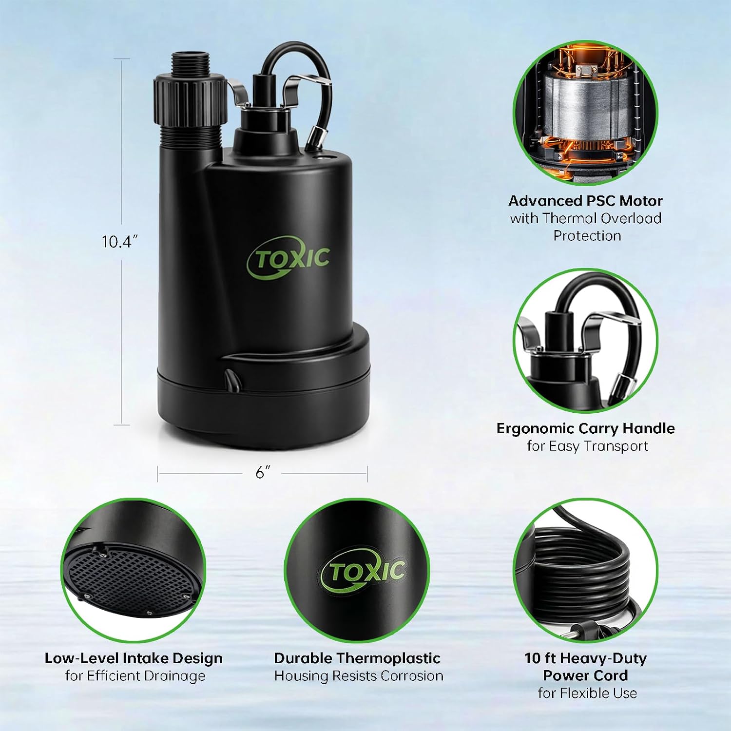 1/4 HP Submersible Sump Pump 1800 GPH Portable Utility Water Pump with 10ft Cord Thermoplastic Construction High Flow Drain Pump for Basement Garden