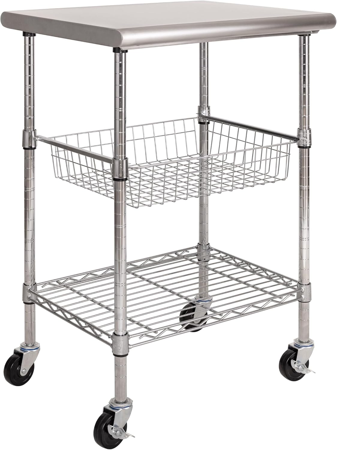 Stainless-Steel Commercial-Grade NSF-Certified Prep Table Cart, 24"W x 20"D | Heavy-duty durable utility workstation supports up to 450 lb w/ adjustable wire shelf and sliding basket on locking wheels