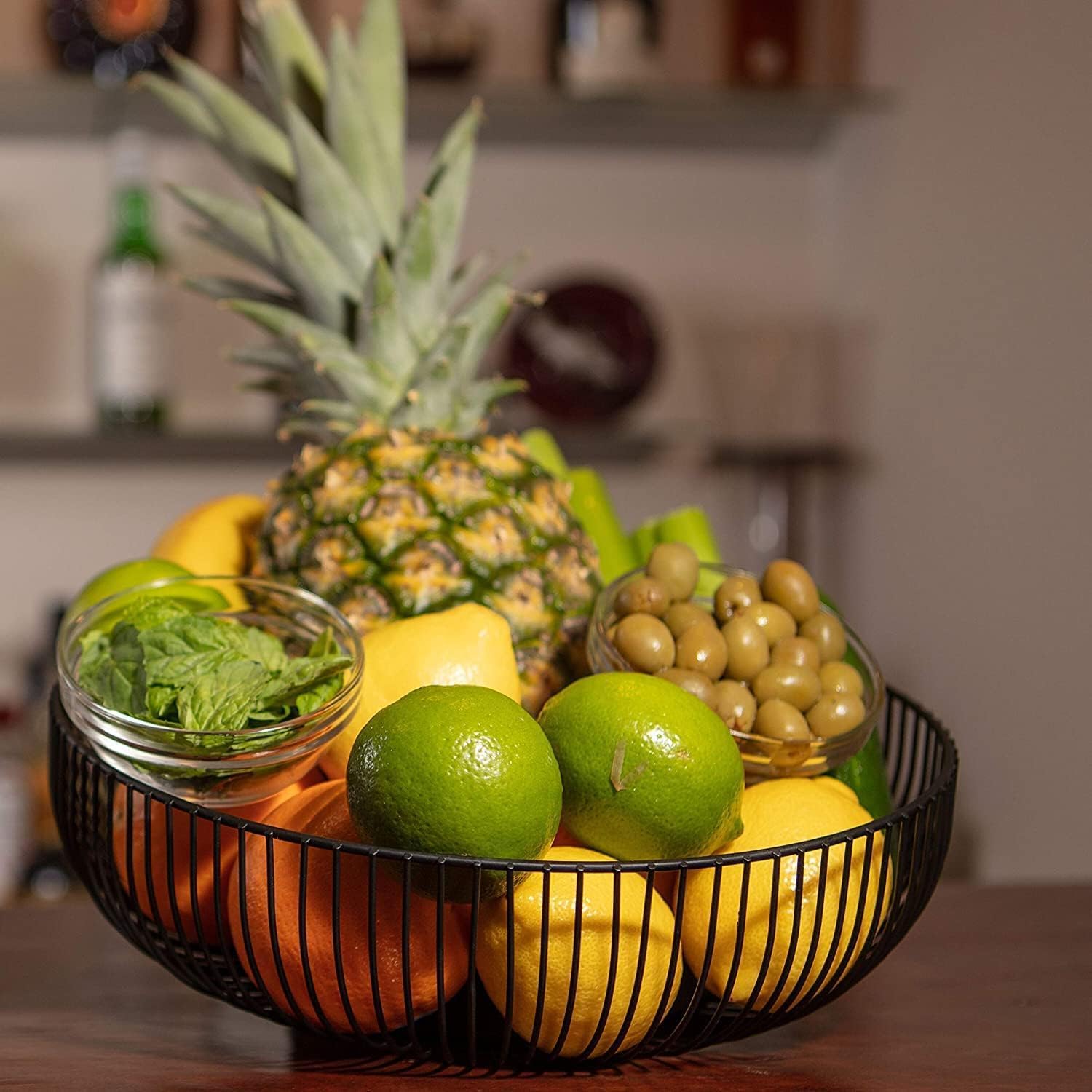 Black Metal Wire Fruit Basket Bowl For Kitchen, Living Room, Office - Large Decorative Centerpiece To Display Fruit, Vegetables, Bread, Candy