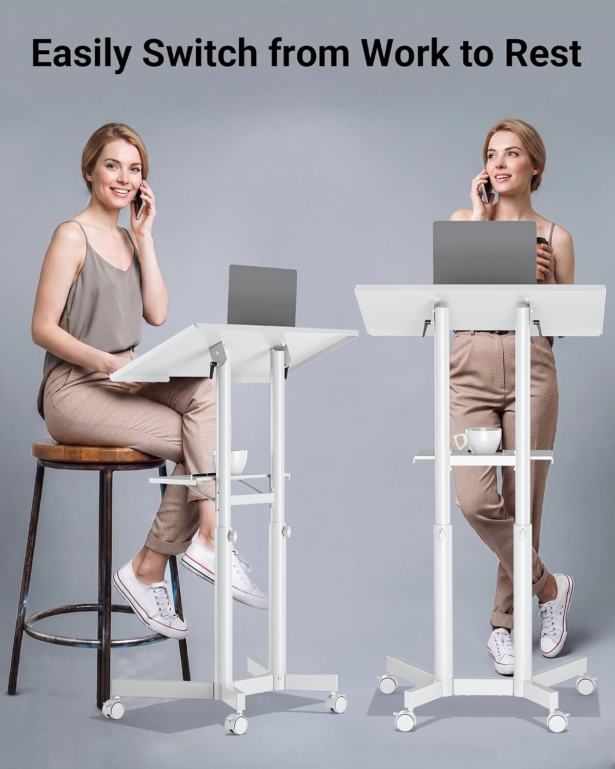 BONTEC Lecterns & Podiums Portable Mobile Standing Laptop Desk, Sit Stand | Height Adjustable, Home Office Classroom Pulpit Stand Up Desk Workstation, Rolling Table Laptop Cart with Storage Tray