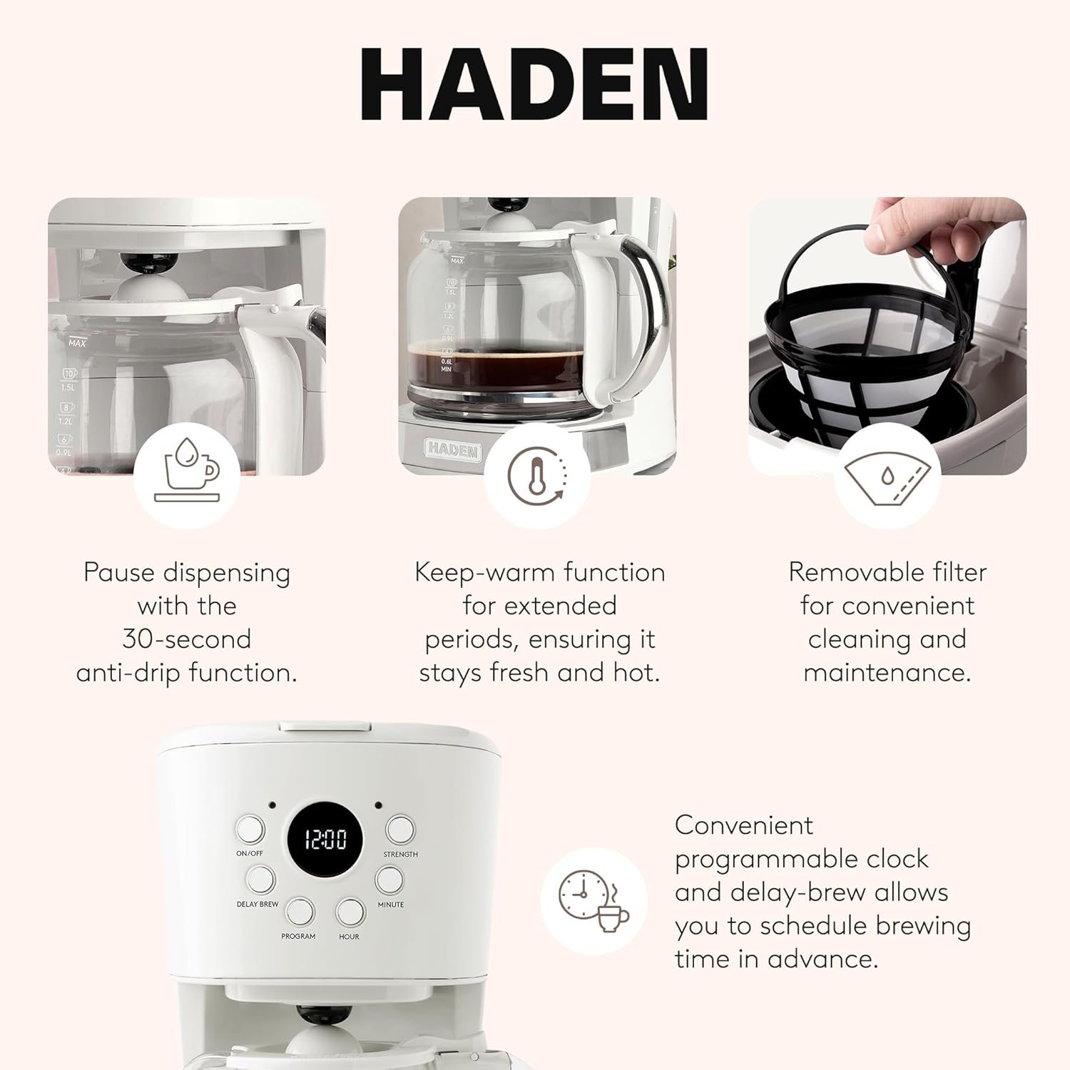 HADEN 12-Cup Programmable Coffee Maker for Home or Office, Putty & Chrome – Drip Brewer Machine with Brew Strength, Delay Brewing