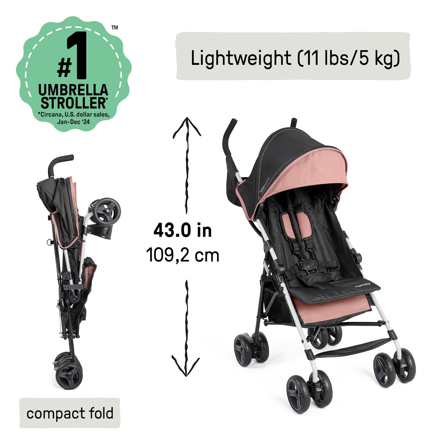 Ingenuity 3D Mini Convenience Stroller – Lightweight Stroller with Compact Fold, Multi-Position Recline, Canopy with Pop Out Sun Visor – Umbrella Stroller for Travel & More, Blue/Black