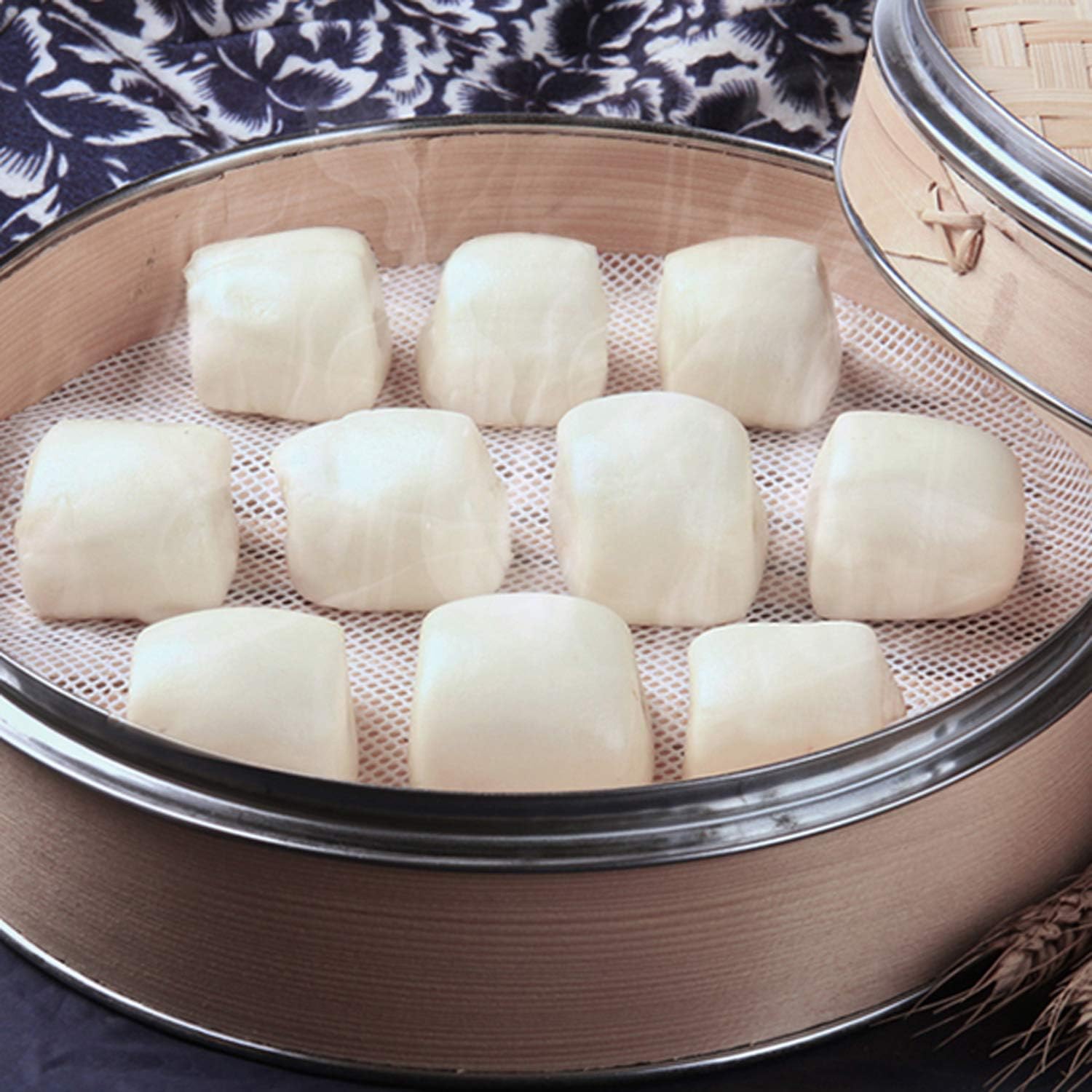 GUCUJI 8 Inch Silicone Bamboo Steamer Liners - Non-Stick, Reusable Steamer Mesh Mats for Steamed Buns, Dumplings, veggies, Dim Sum, Momo, Rice, and fish - Food Grade BPA Free (4Pcs)