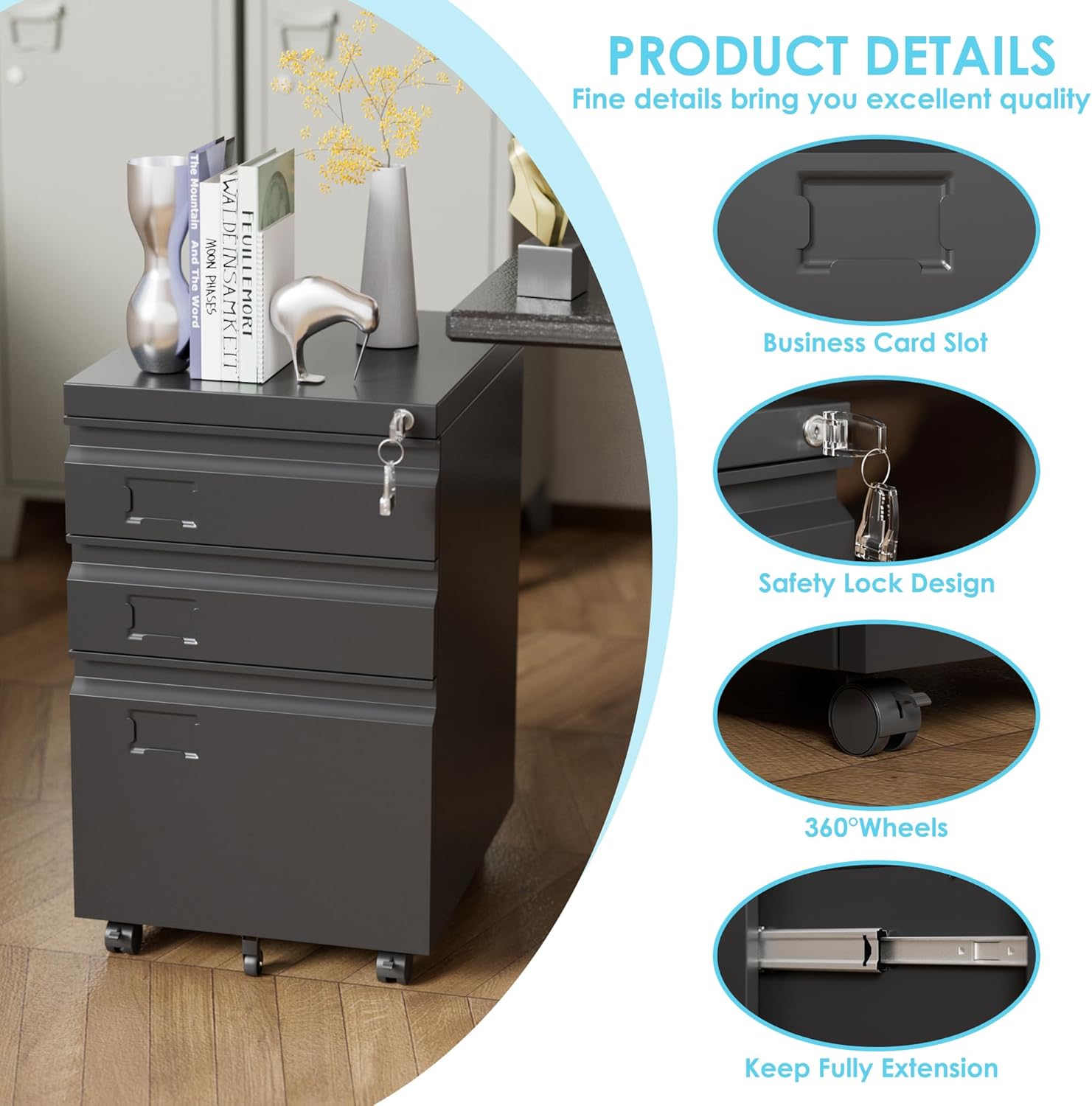 3 Drawer Metal File Cabinet with Lock and Wheels, Black | 17.32"D x 14.57"W x 23.82"H under-desk cabinet, fits Letter, Legal and A4 files, 5 casters