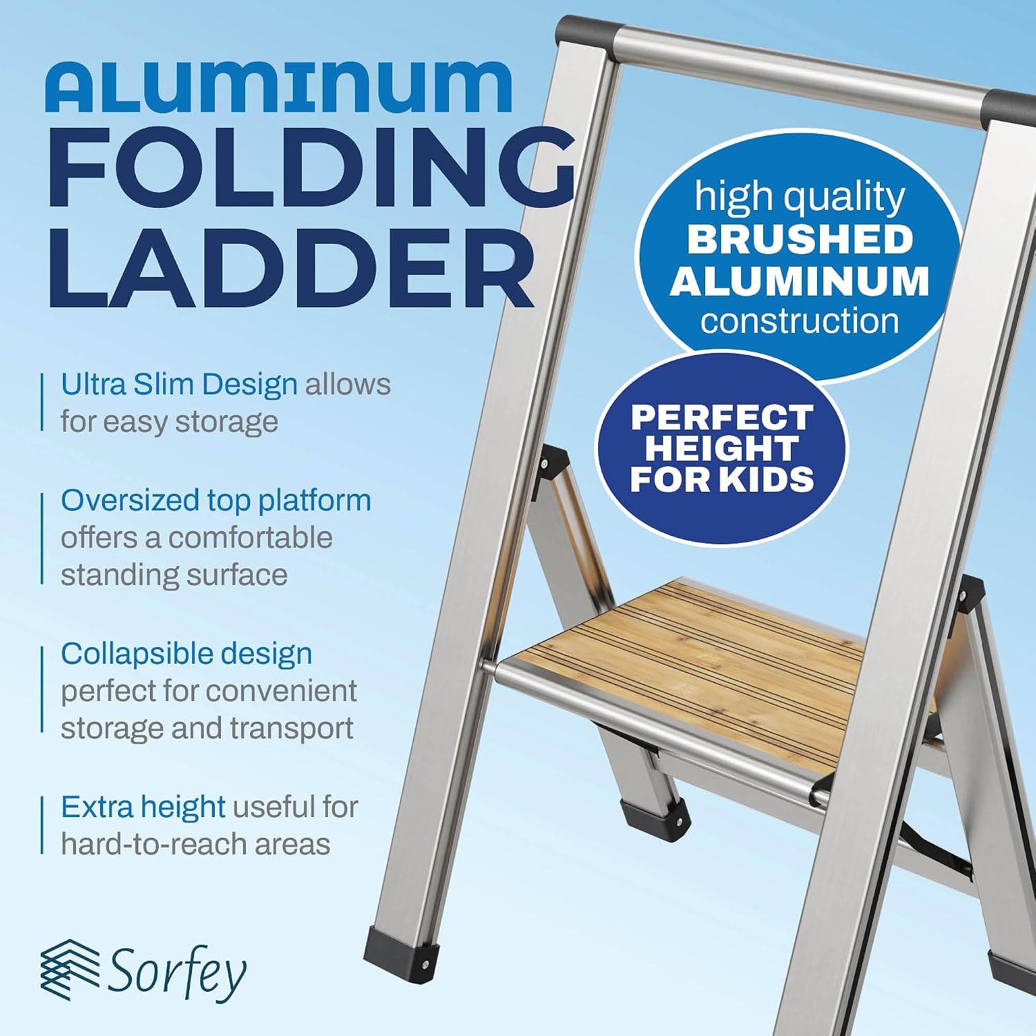 Step Ladder 2 Step Folding, Decorative - Beautiful Bamboo & Silver Aluminum, Ultra Slim Profile, Anti Slip Steps, Sturdy-Portable for Home, Office