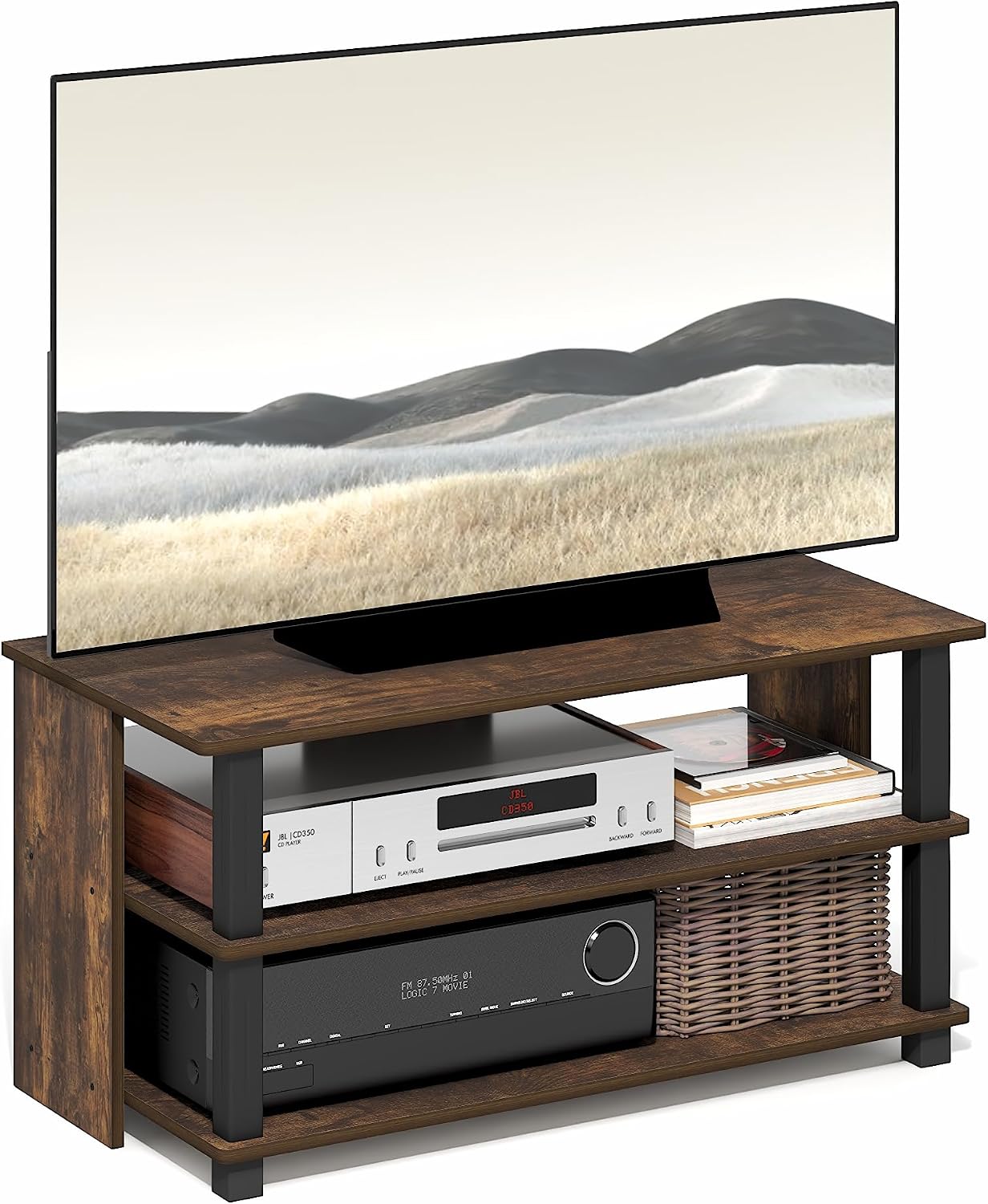 Furinno Beginning TV Stand, 2-Tier Rectangular Entertainment Center with Shelf, TV Console for TV up to 36 Inch, Open Back, for Living Room, Bedroom, French Oak