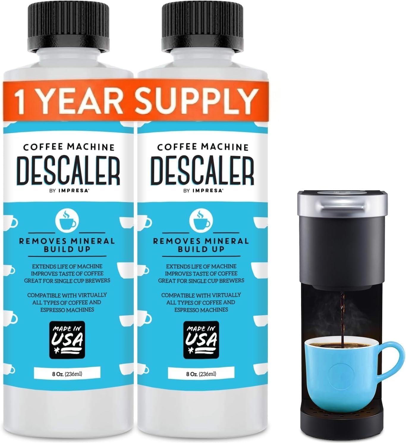 IMPRESA Coffee Machine Descaler (2 Uses Per Bottle) - Made in the USA - Universal Descaling Solution, Compatible with Nespresso, Delonghi and All Single Use Coffee and Espresso Machines