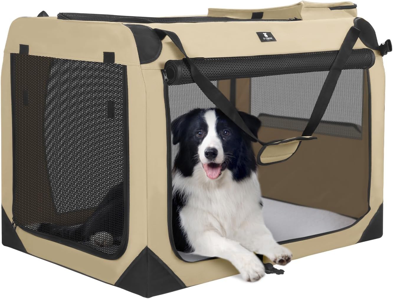 X-ZONE PET Dog Crate 3-Door Kennel, Collapsible Portable Soft Sided Pet Carriers for Indoor & Outdoor, Multiple (32-Inch, Carbon Black)