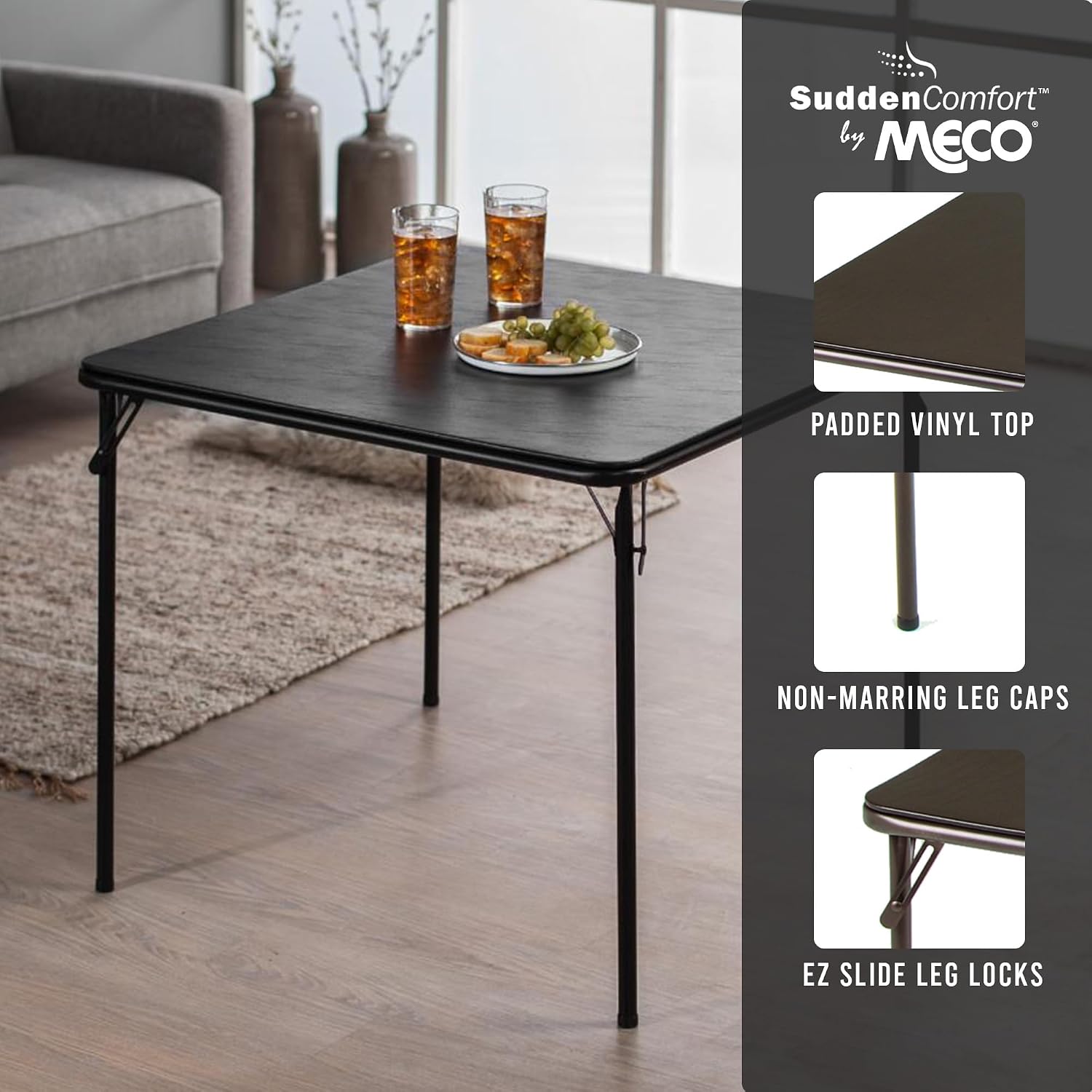 Sudden Comfort 34 by 34 Inch Portable EZ Slide Leg Lock Square Metal Padded Vinyl Top Folding Dining Card Table in Buff Tan