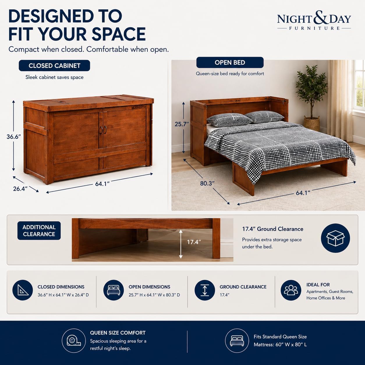 NIGHT & DAY Furniture Murphy Cube Cabinet Bed Pre-Assembled (Cherry, Queen) | Pre-Assembled