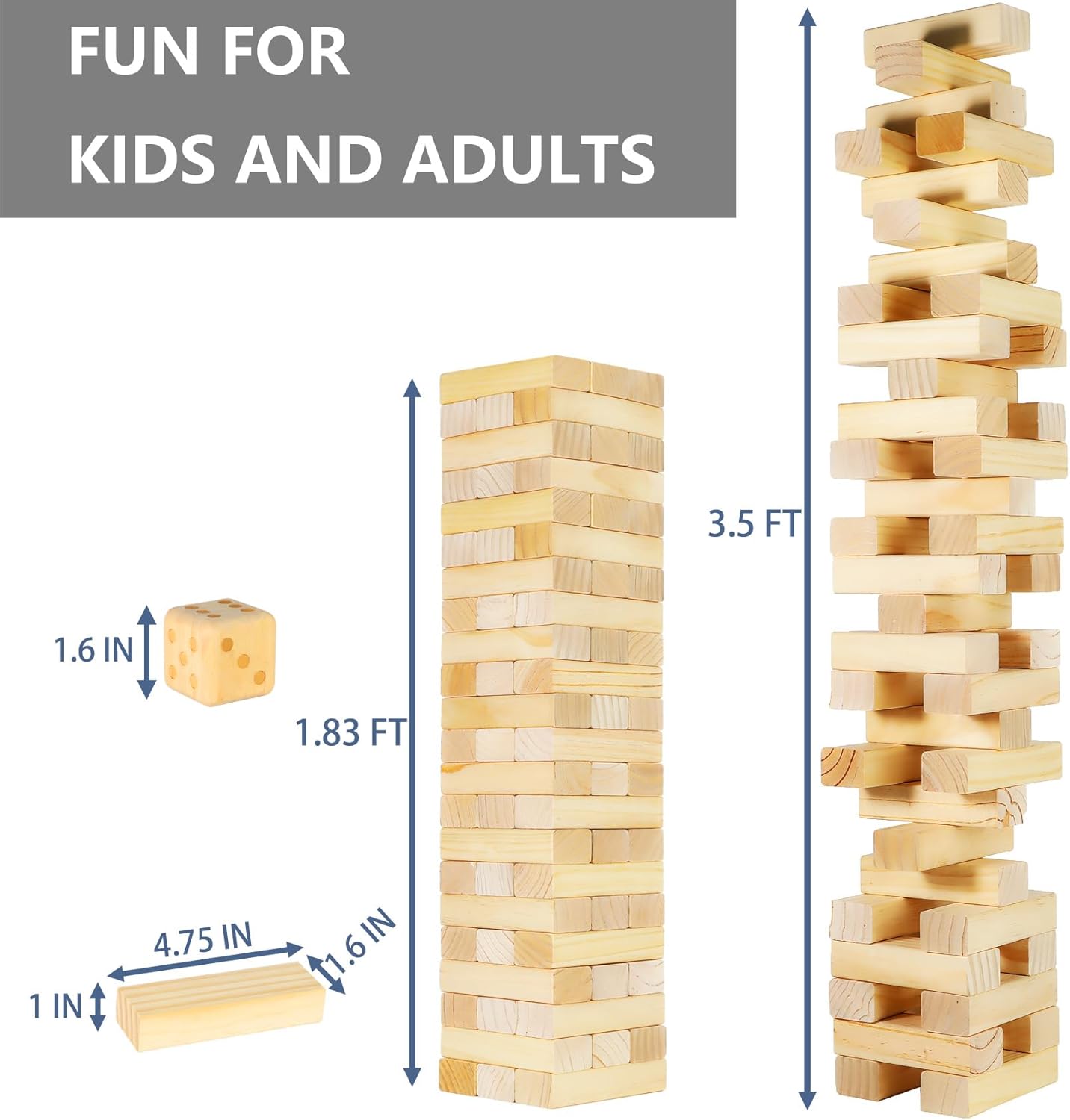 Megwoz Giant Tumble Tower Games for Kids and Adults 57 Blocks New Zealand Pine Wooden Blocks Stacking to Over 4.2FT Family Game for Indoors Outdoors