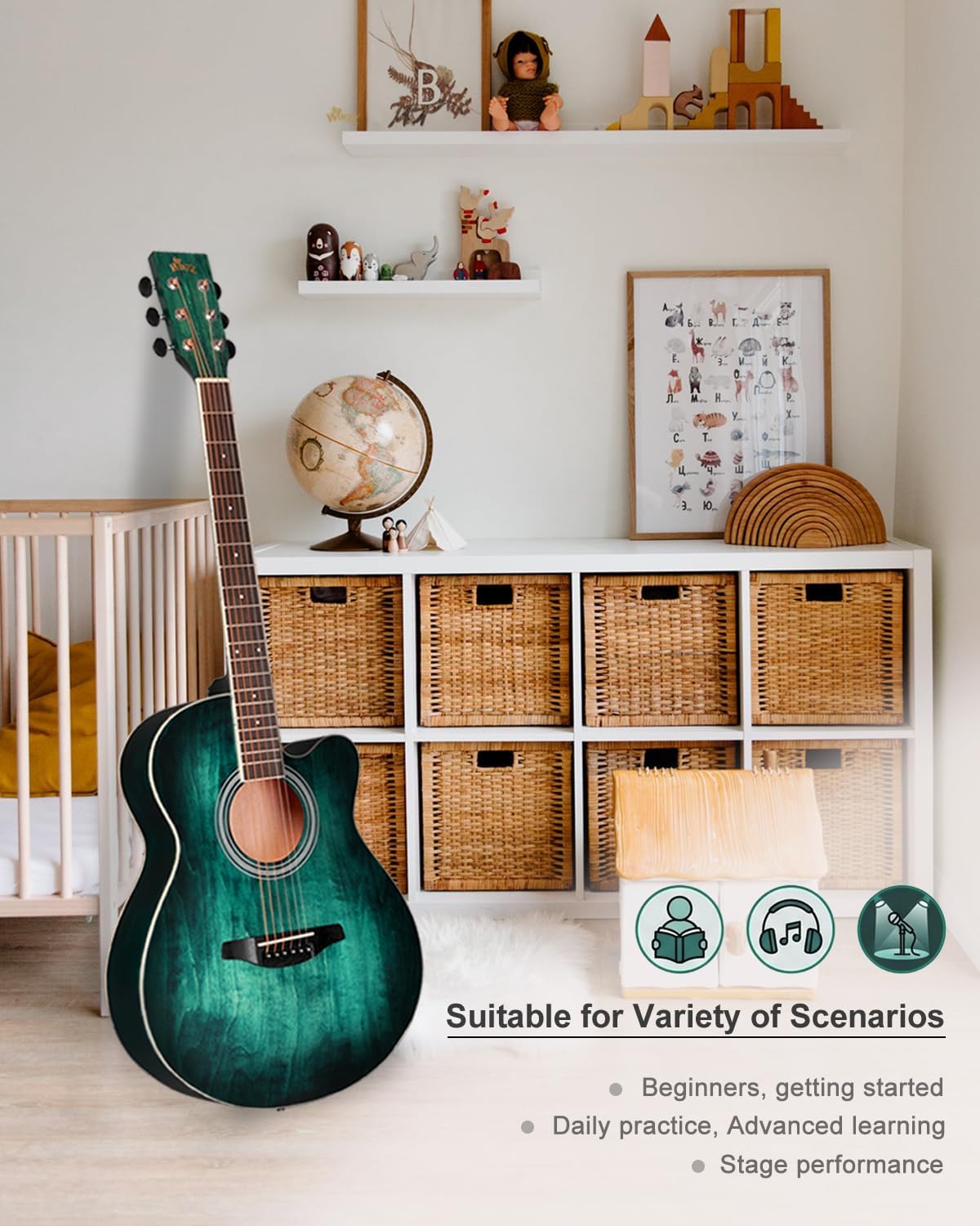 Winzz 40 Inches Acoustic Steel-string Guitar Beginner, Elegant Unique Color Design (Blue-green)